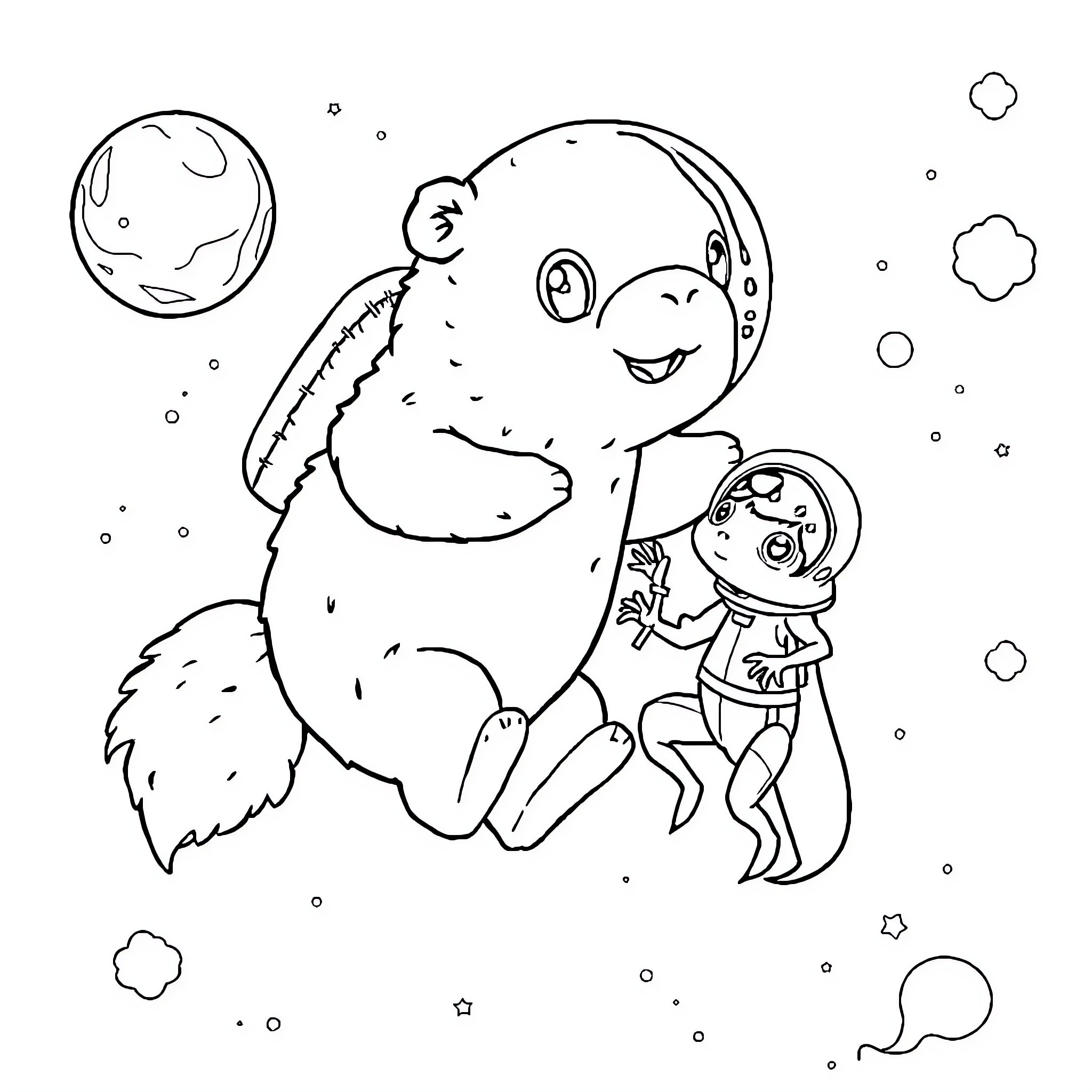 Sheep exploring the moon with astronaut Coloring Page (free black-and-white line drawing printable PDF for all, from beginners to advanced learners, including children, teens, adults, and seniors)