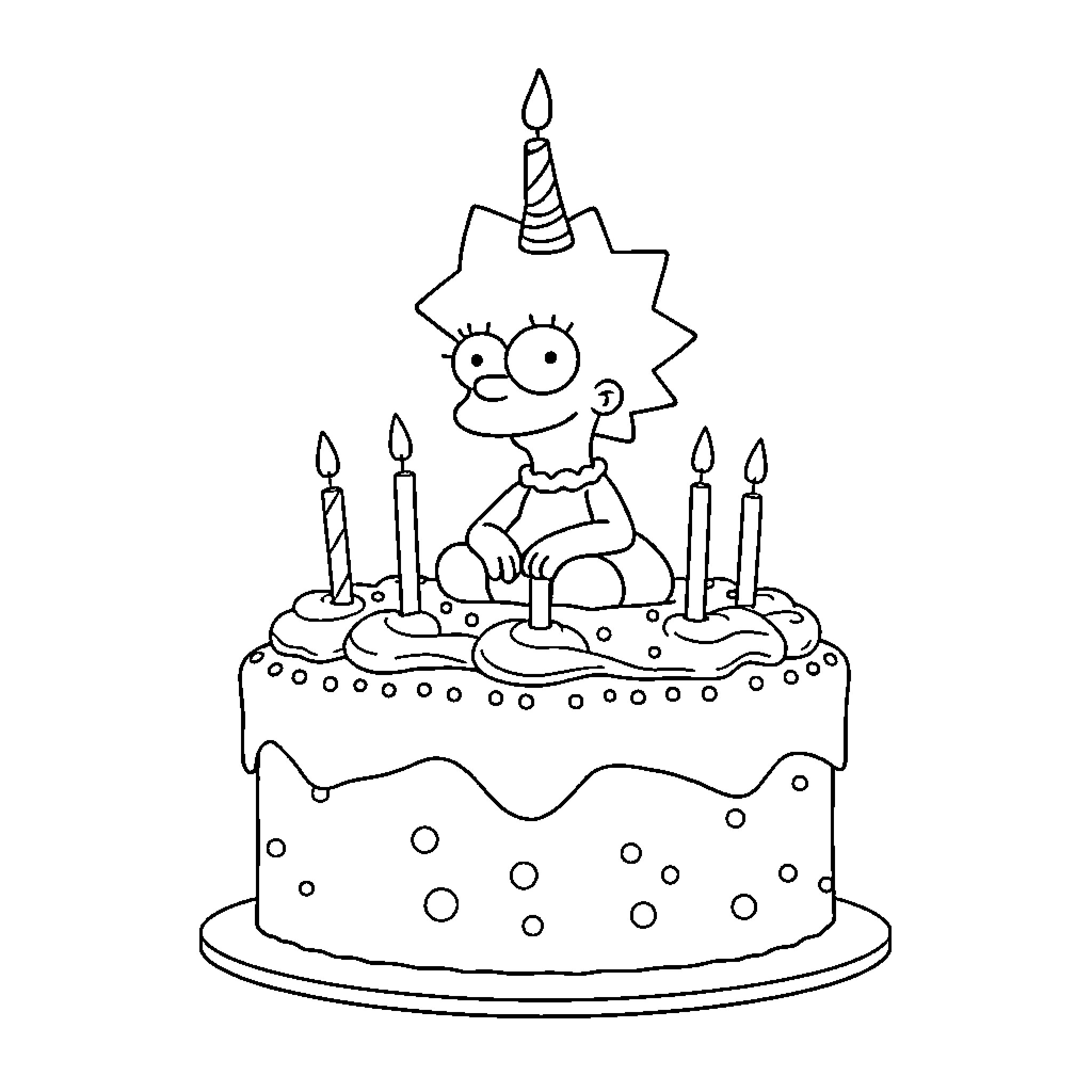 Lisa Simpson's Birthday Celebration Coloring Page (free black-and-white line drawing printable PDF for all, from beginners to advanced learners, including children, teens, adults, and seniors)