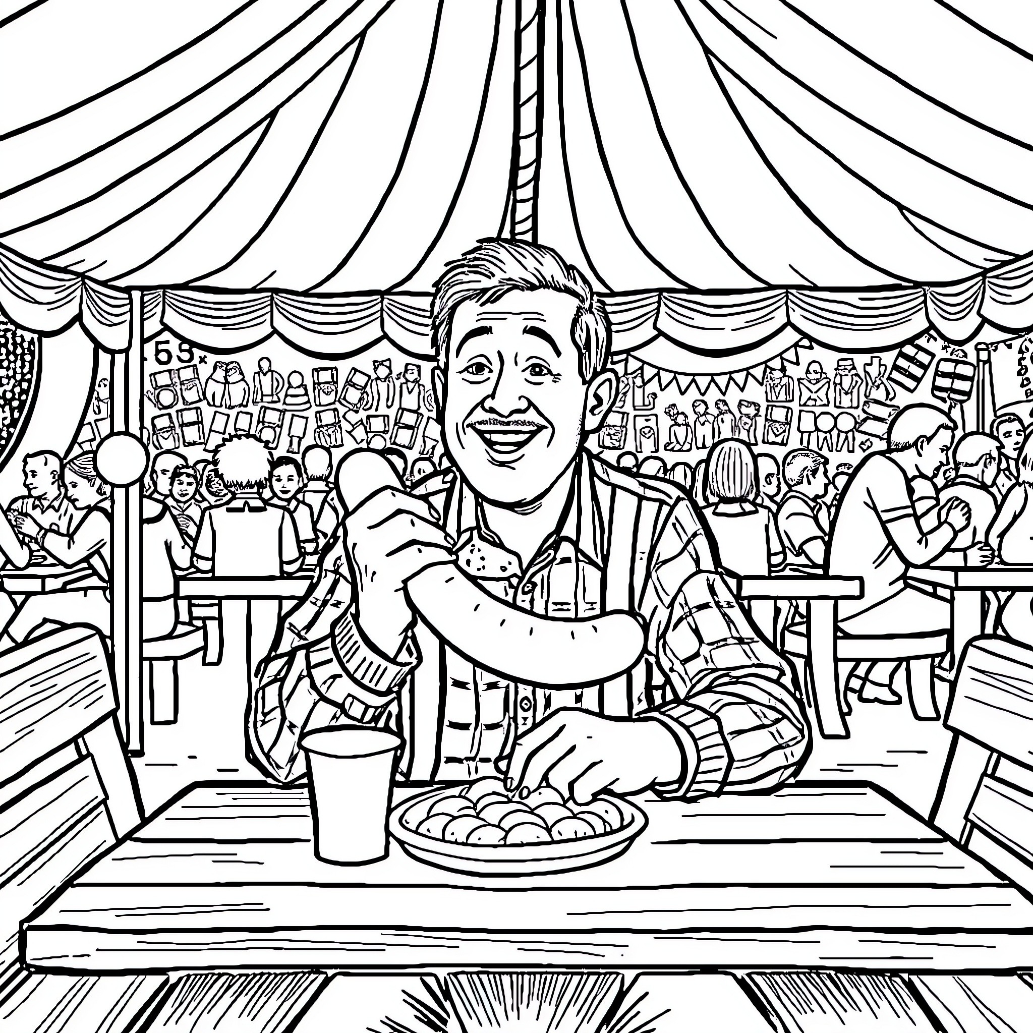 Friedrich Merz enjoying a meal at a festive carnival gathering Coloring Page (free black-and-white line drawing printable PDF for all, from beginners to advanced learners, including children, teens, adults, and seniors)