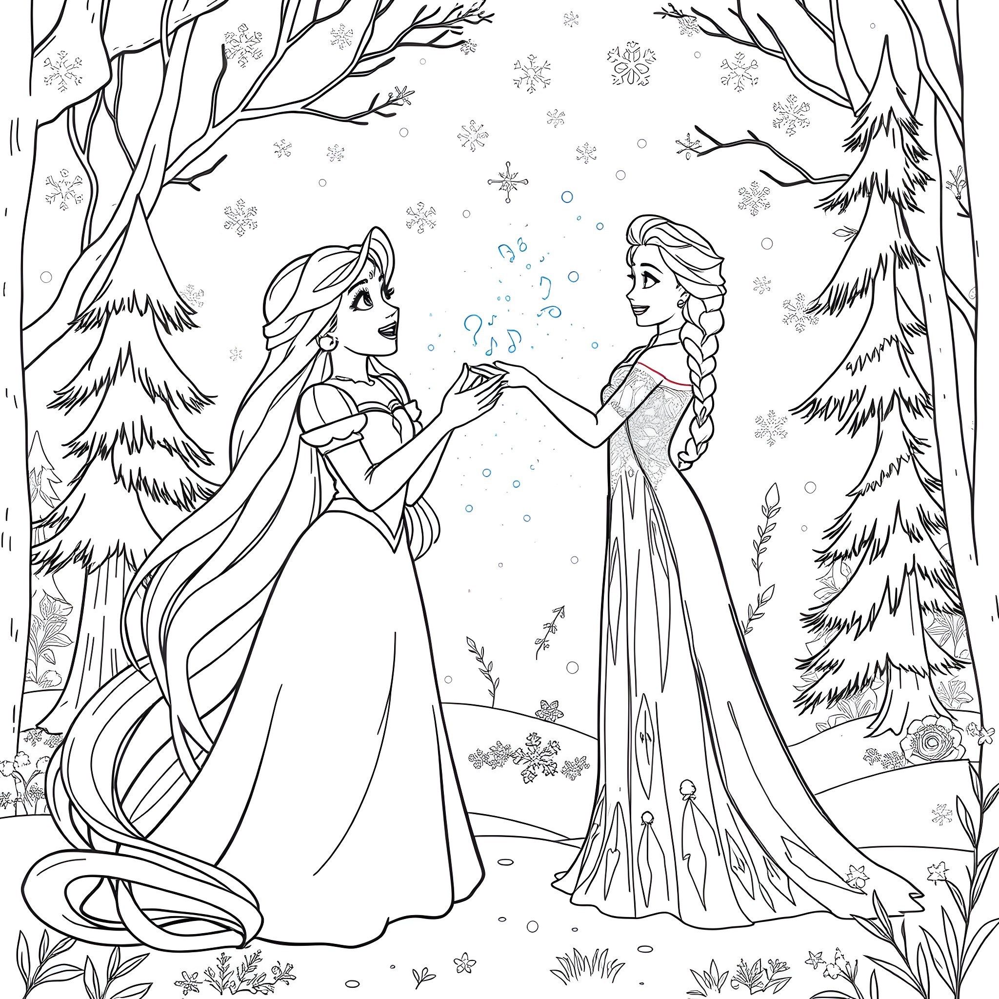 Rapunzel and Elsa in the Snowy Forest Coloring Page (free black-and-white line drawing printable PDF for all, from beginners to advanced learners, including children, teens, adults, and seniors)