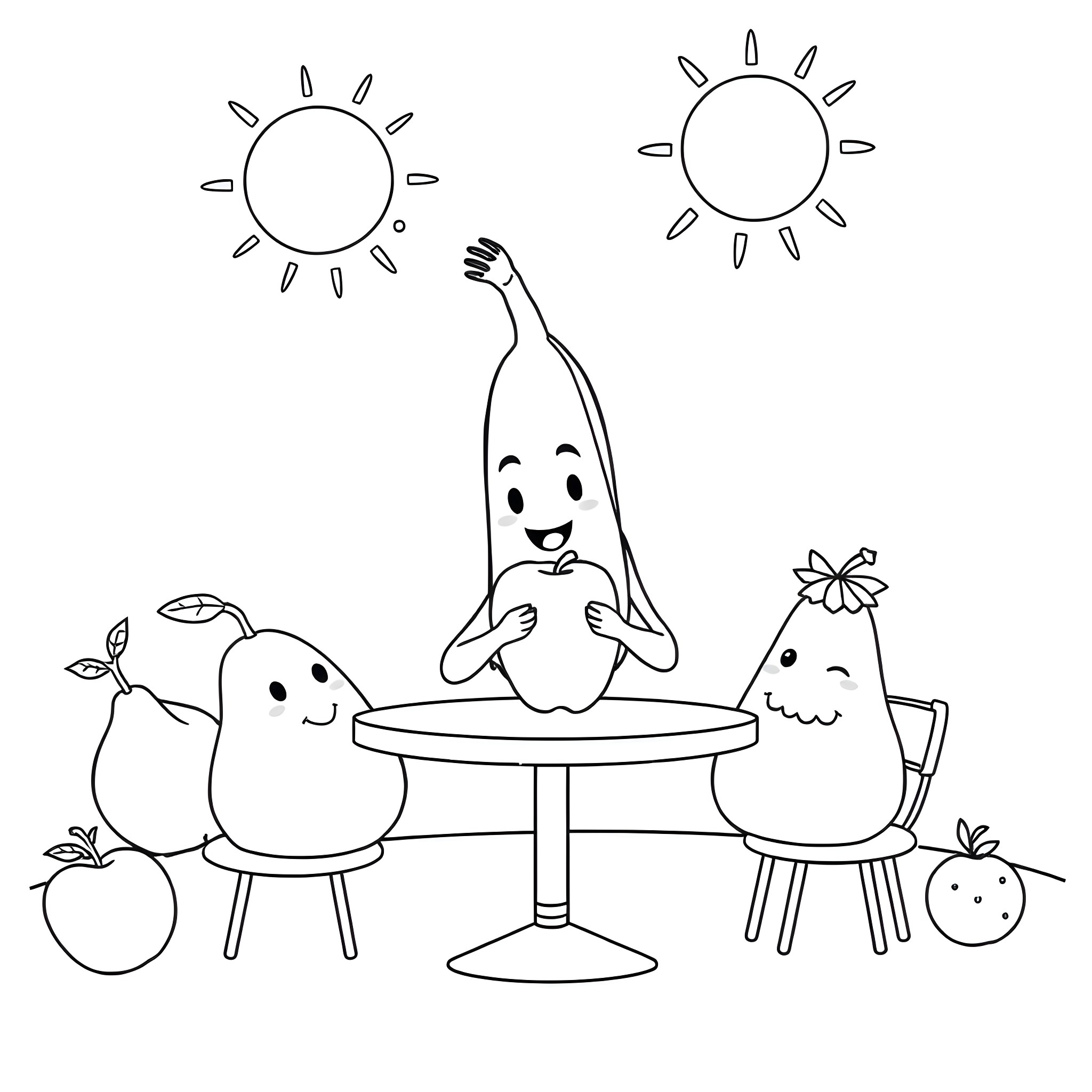 Banana family enjoying a sunny day together Coloring Page (free black-and-white line drawing printable PDF for all, from beginners to advanced learners, including children, teens, adults, and seniors)