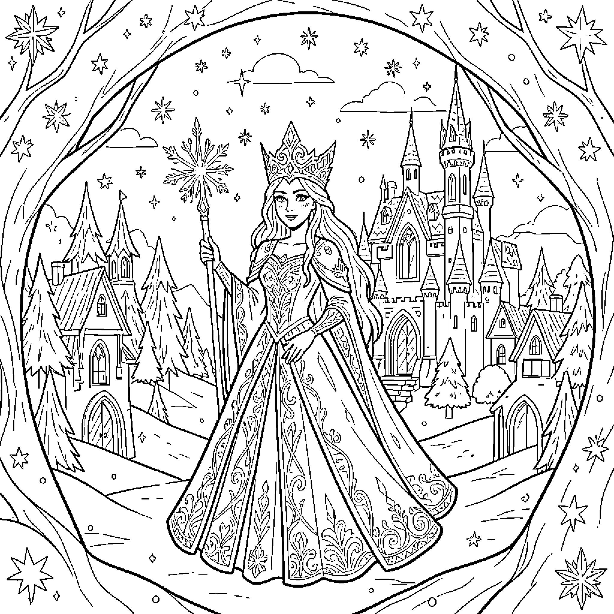 Snow Queen holding a magical staff near a castle Coloring Page (free black-and-white line drawing printable PDF for all, from beginners to advanced learners, including children, teens, adults, and seniors)