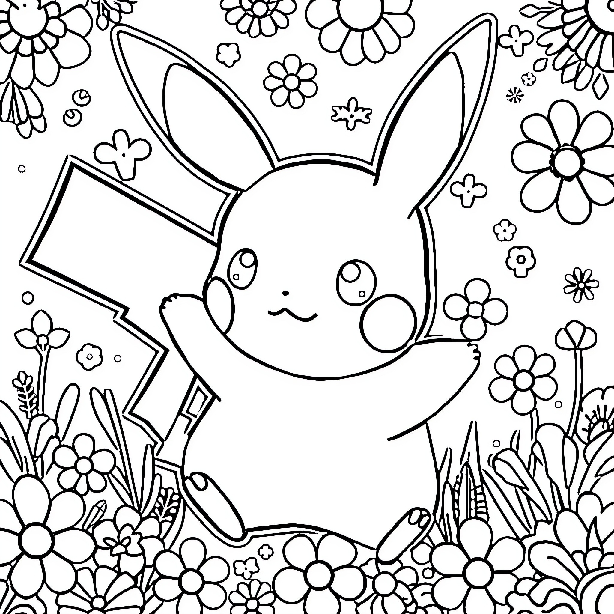 Pikachu surrounded by playful flowers Coloring Page (free black-and-white line drawing printable PDF for all, from beginners to advanced learners, including children, teens, adults, and seniors)