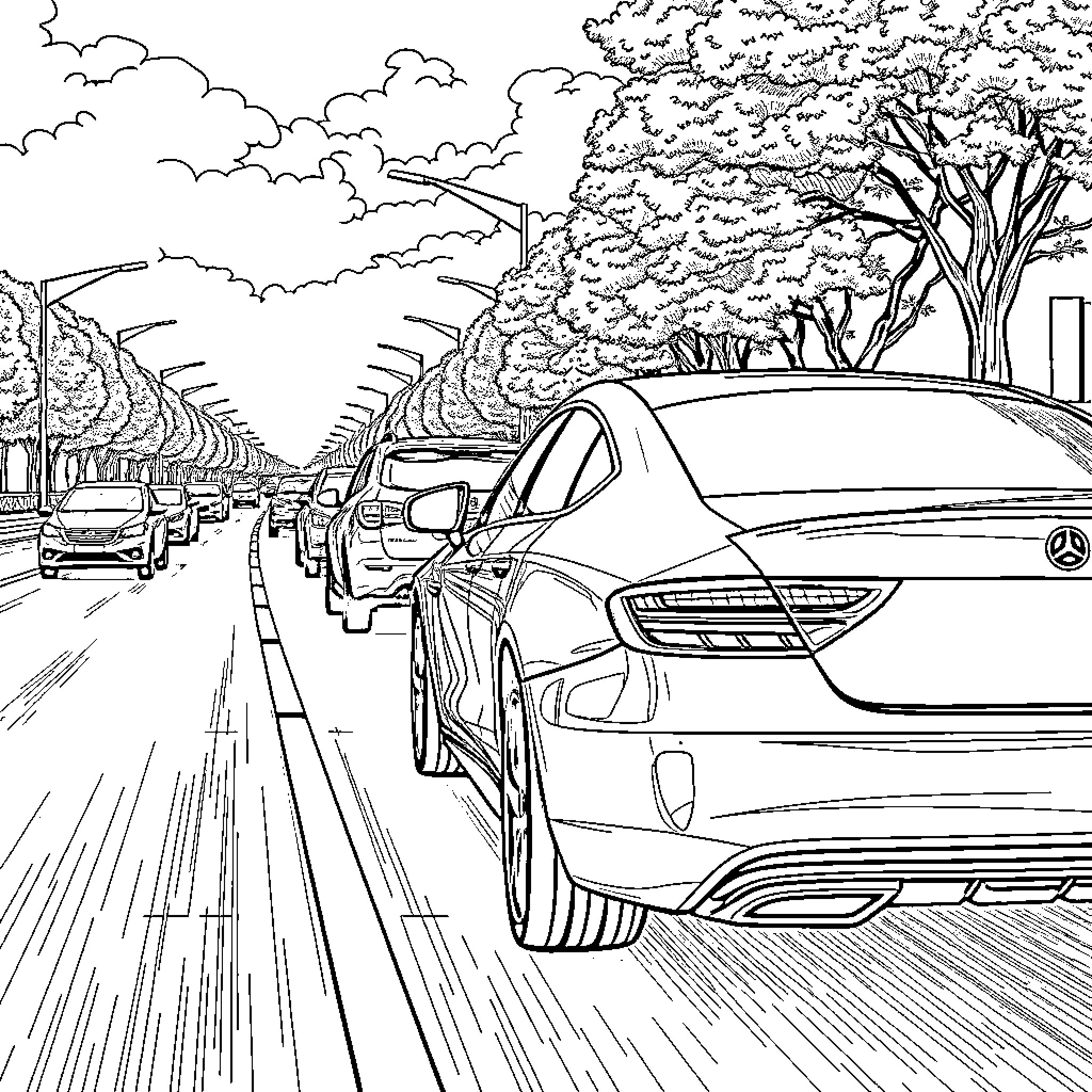 Mercedes Luxury Cars on Scenic Road Coloring Page (free black-and-white line drawing printable PDF for all, from beginners to advanced learners, including children, teens, adults, and seniors)