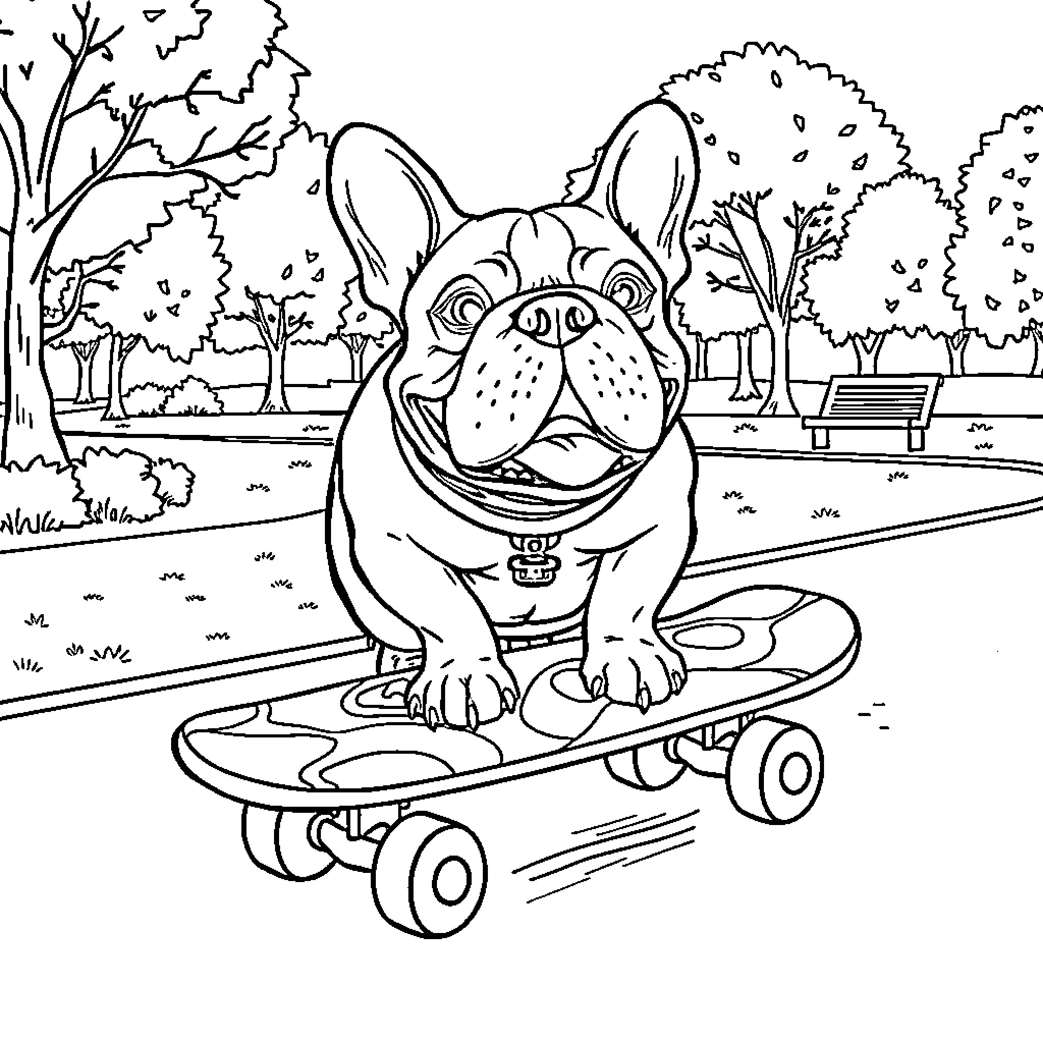 Bulldog riding a skateboard in the park Coloring Page (free black-and-white line drawing printable PDF for all, from beginners to advanced learners, including children, teens, adults, and seniors)