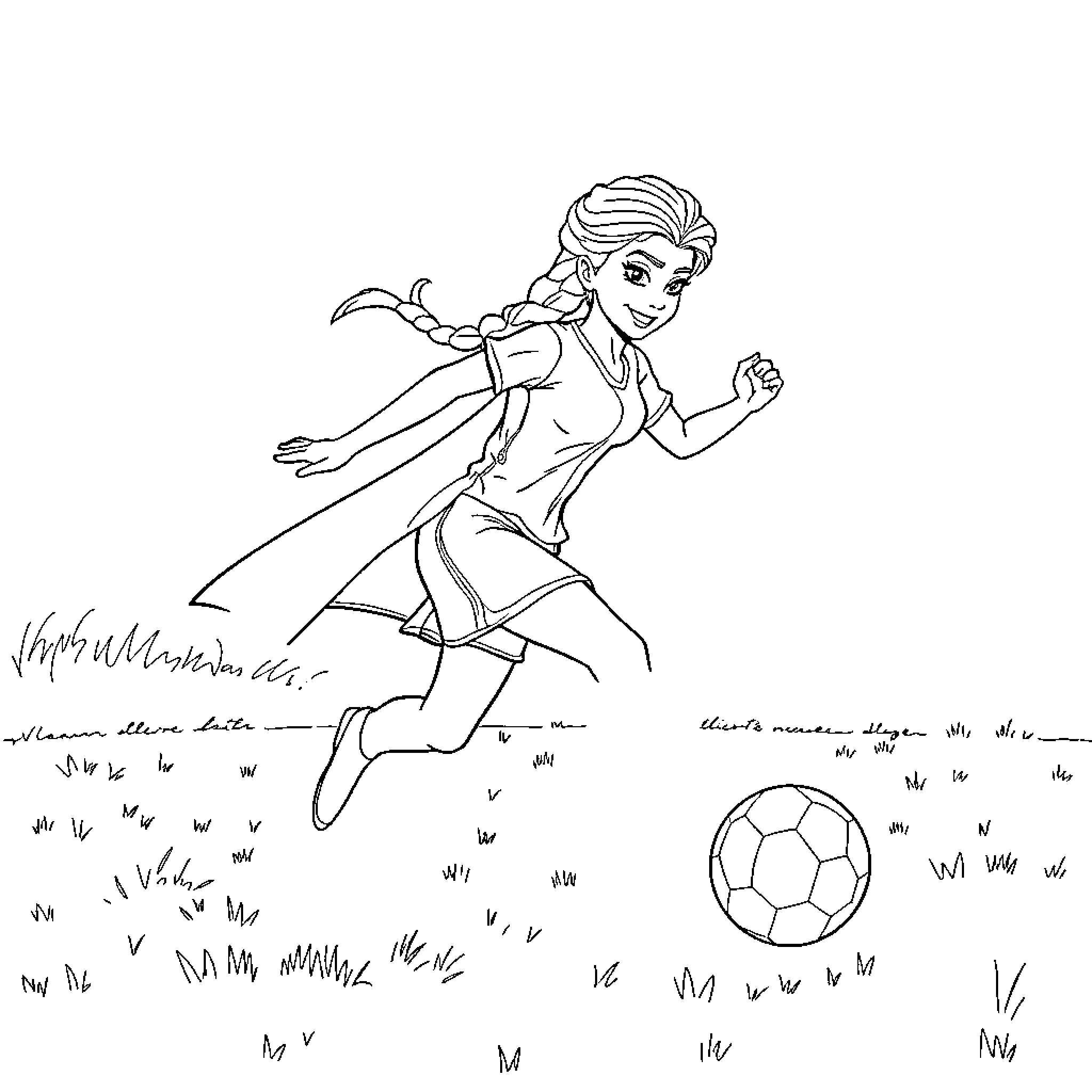 Elsa playing soccer joyfully in the field Coloring Page (free black-and-white line drawing printable PDF for all, from beginners to advanced learners, including children, teens, adults, and seniors)