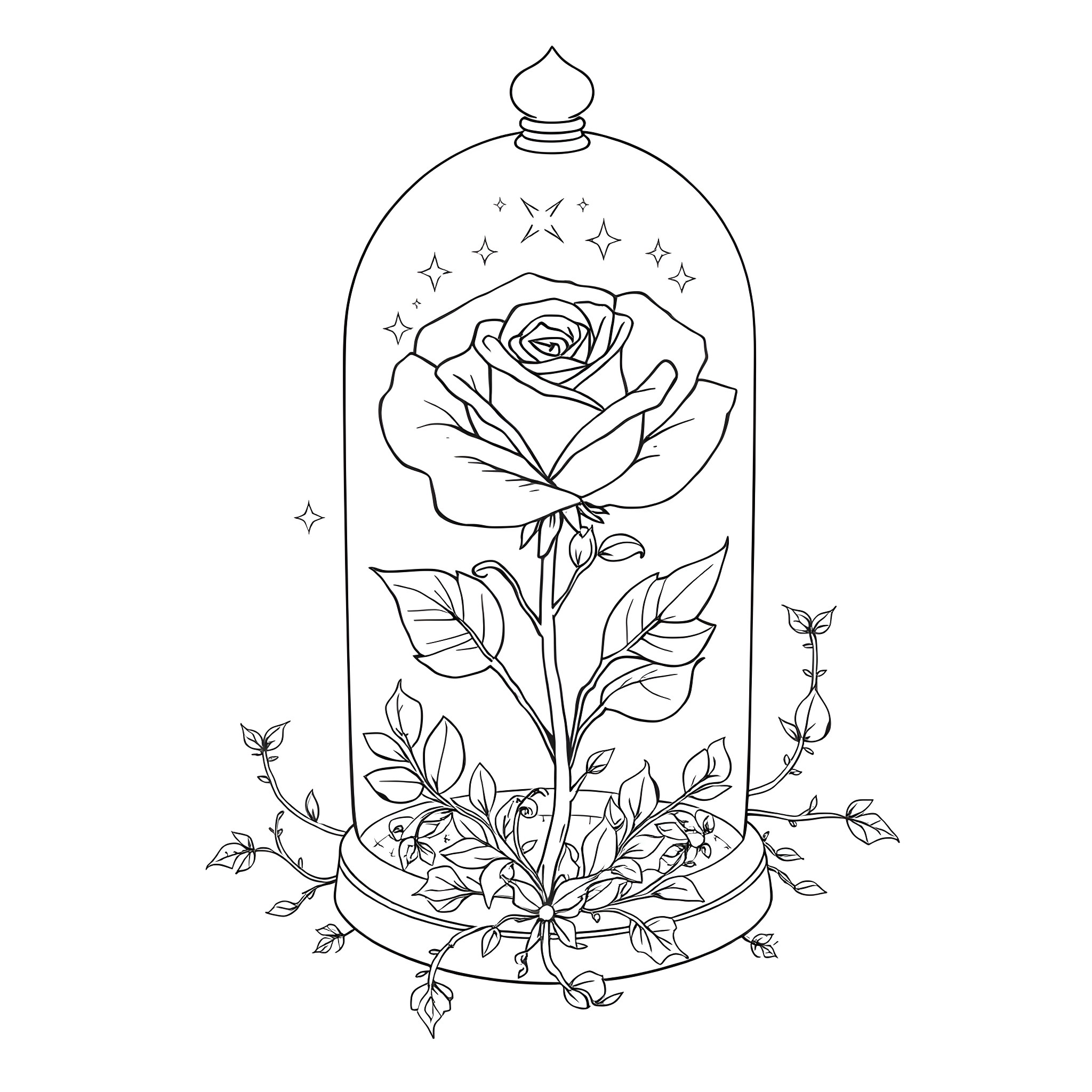 Rose in a Magical Glass Dome Coloring Page (free black-and-white line drawing printable PDF for all, from beginners to advanced learners, including children, teens, adults, and seniors)