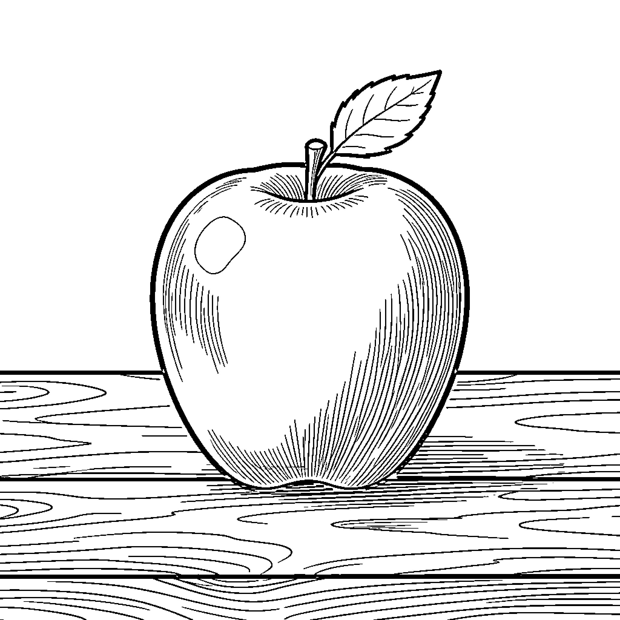 Apple on a Wooden Surface Coloring Page (free black-and-white line drawing printable PDF for all, from beginners to advanced learners, including children, teens, adults, and seniors)