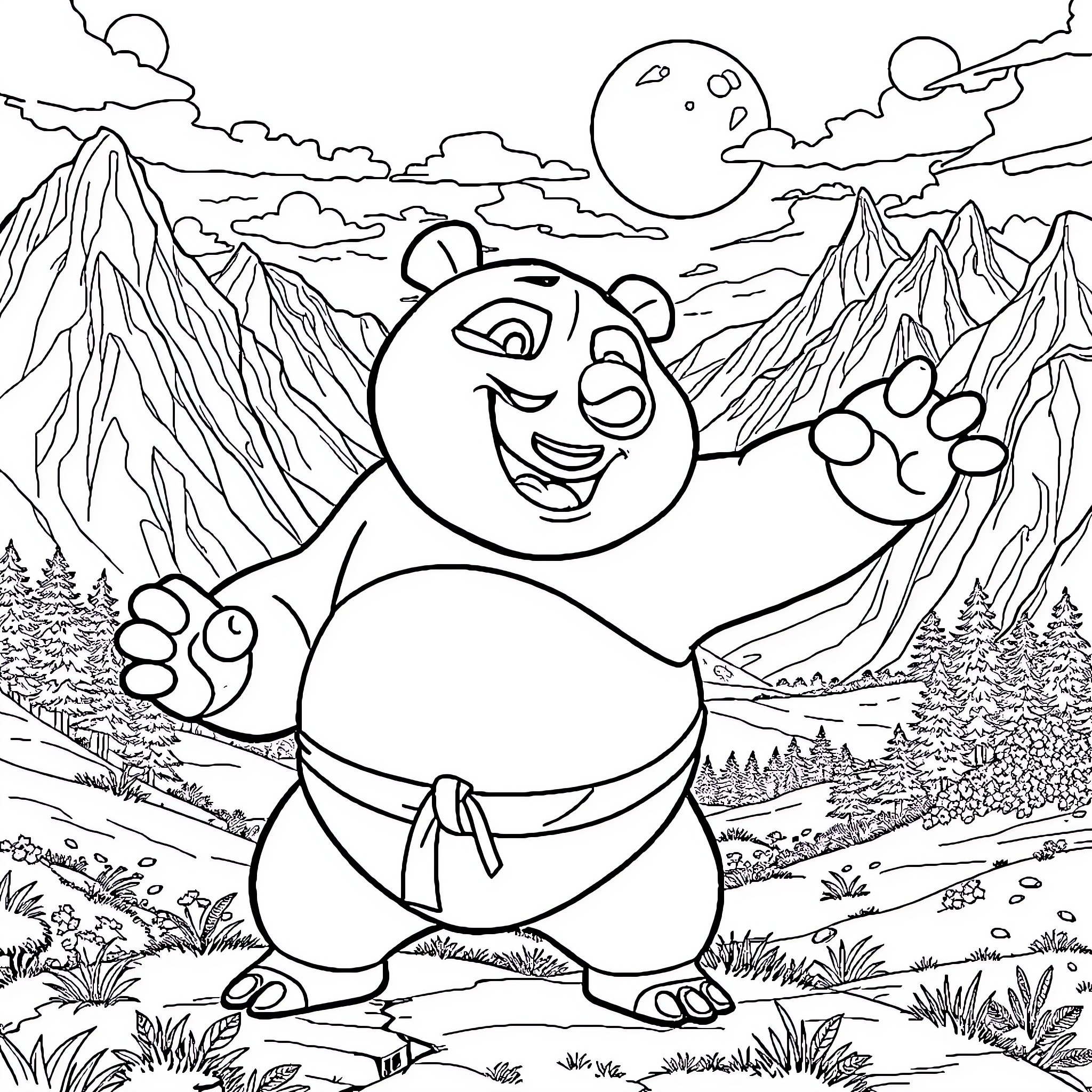 Kung Fu Panda in serene mountain landscape Coloring Page (free black-and-white line drawing printable PDF for all, from beginners to advanced learners, including children, teens, adults, and seniors)