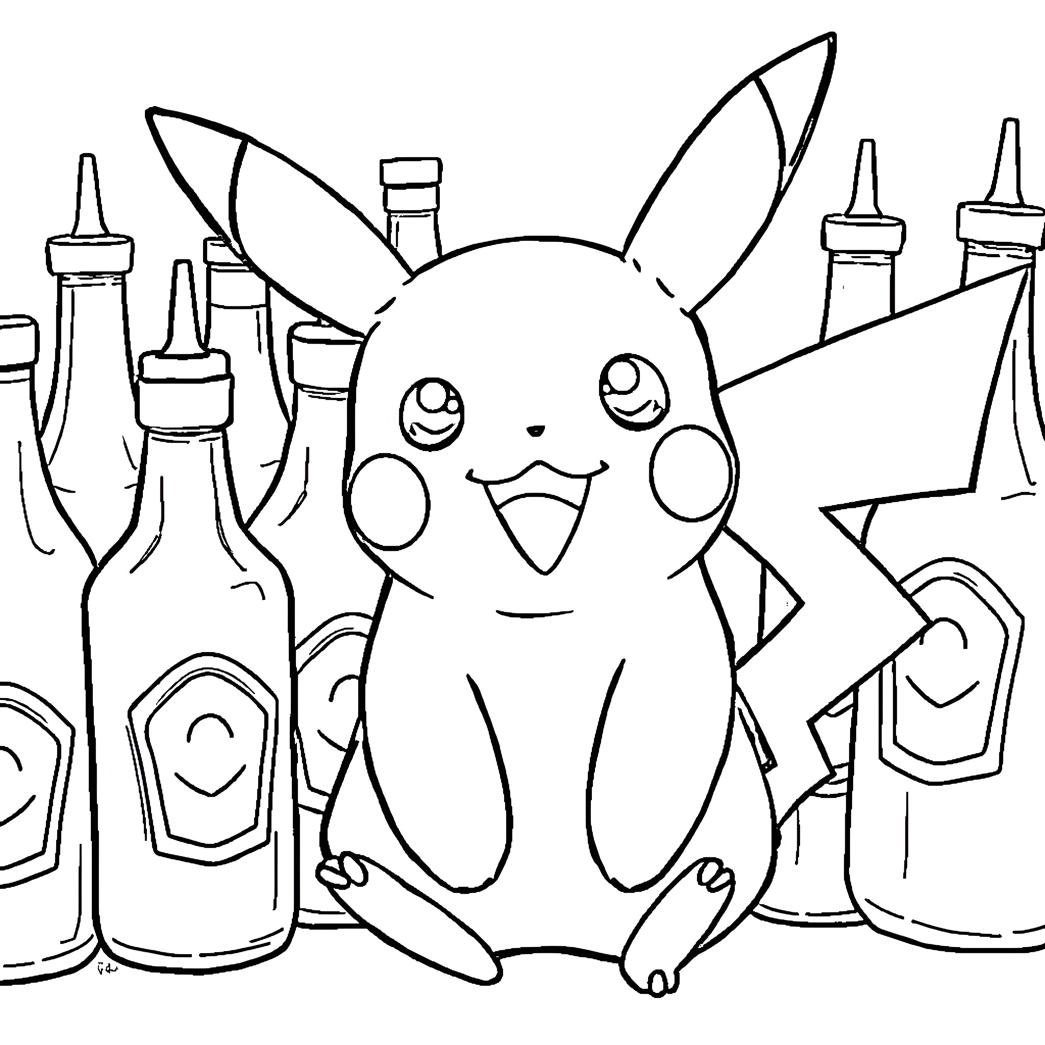 Pikachu posing playfully with various objects Coloring Page (free black-and-white line drawing printable PDF for all, from beginners to advanced learners, including children, teens, adults, and seniors)