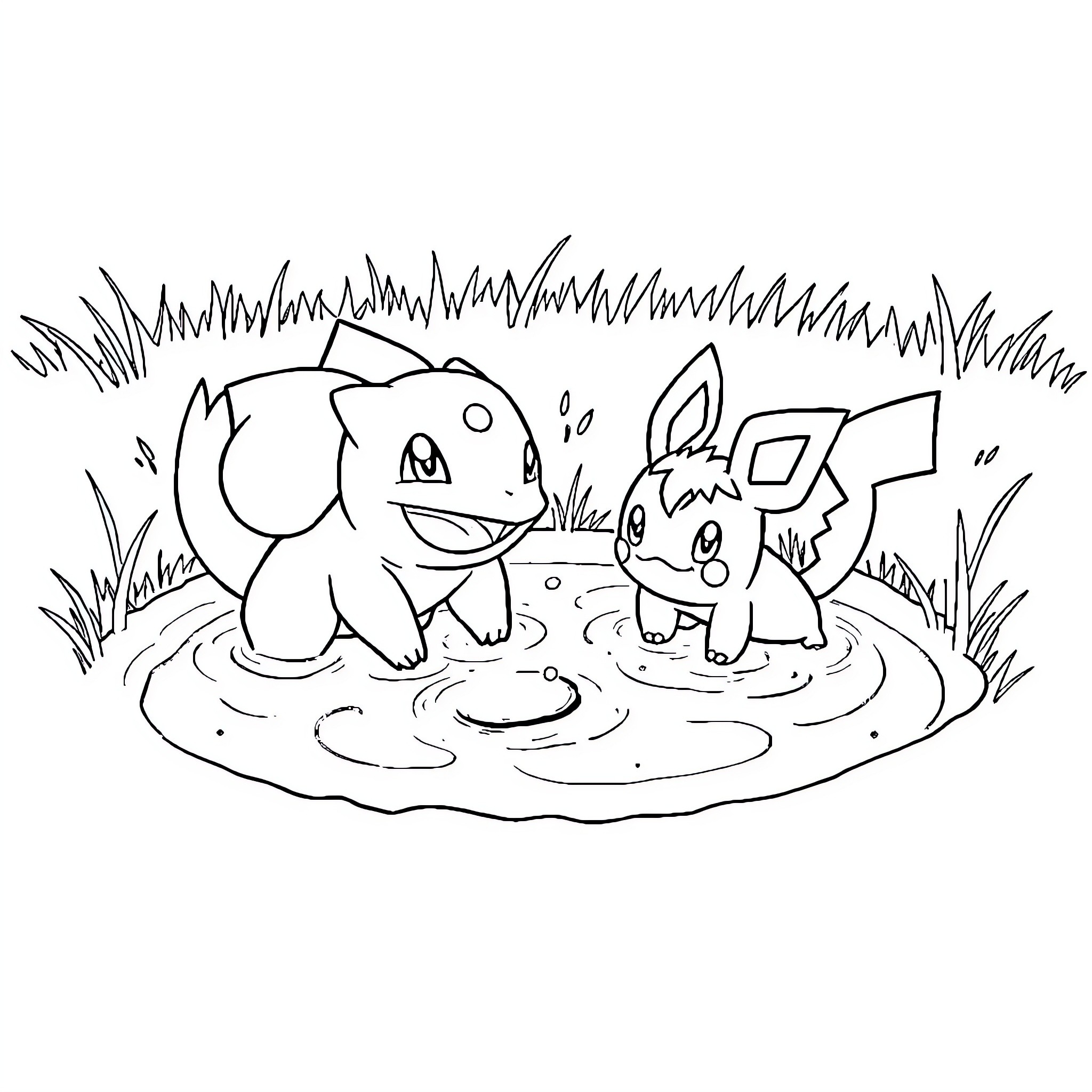Bulbasaur and Pikachu playing in the grass Coloring Page (free black-and-white line drawing printable PDF for all, from beginners to advanced learners, including children, teens, adults, and seniors)