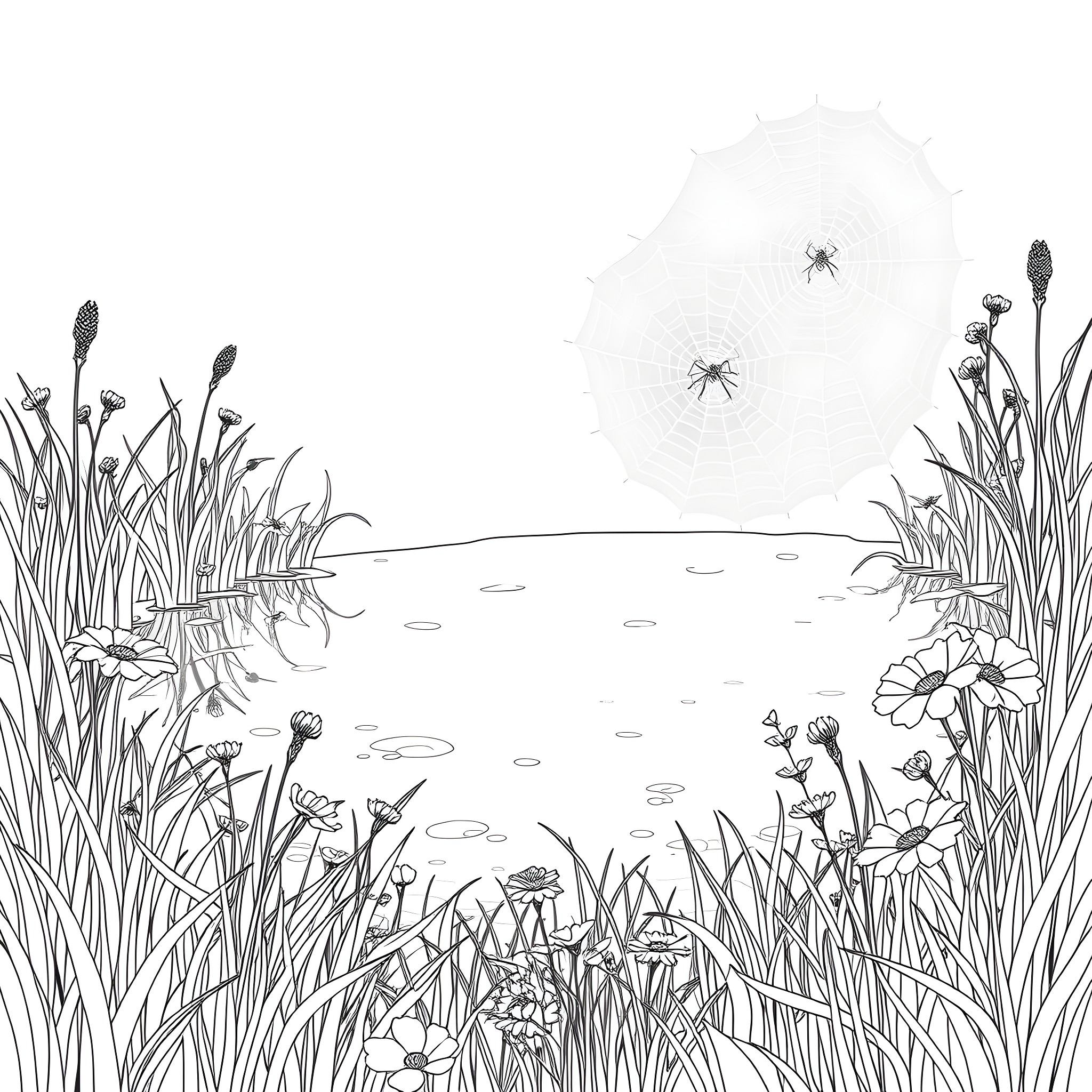 Spider Webs in the Meadow Coloring Page (free black-and-white line drawing printable PDF for all, from beginners to advanced learners, including children, teens, adults, and seniors)
