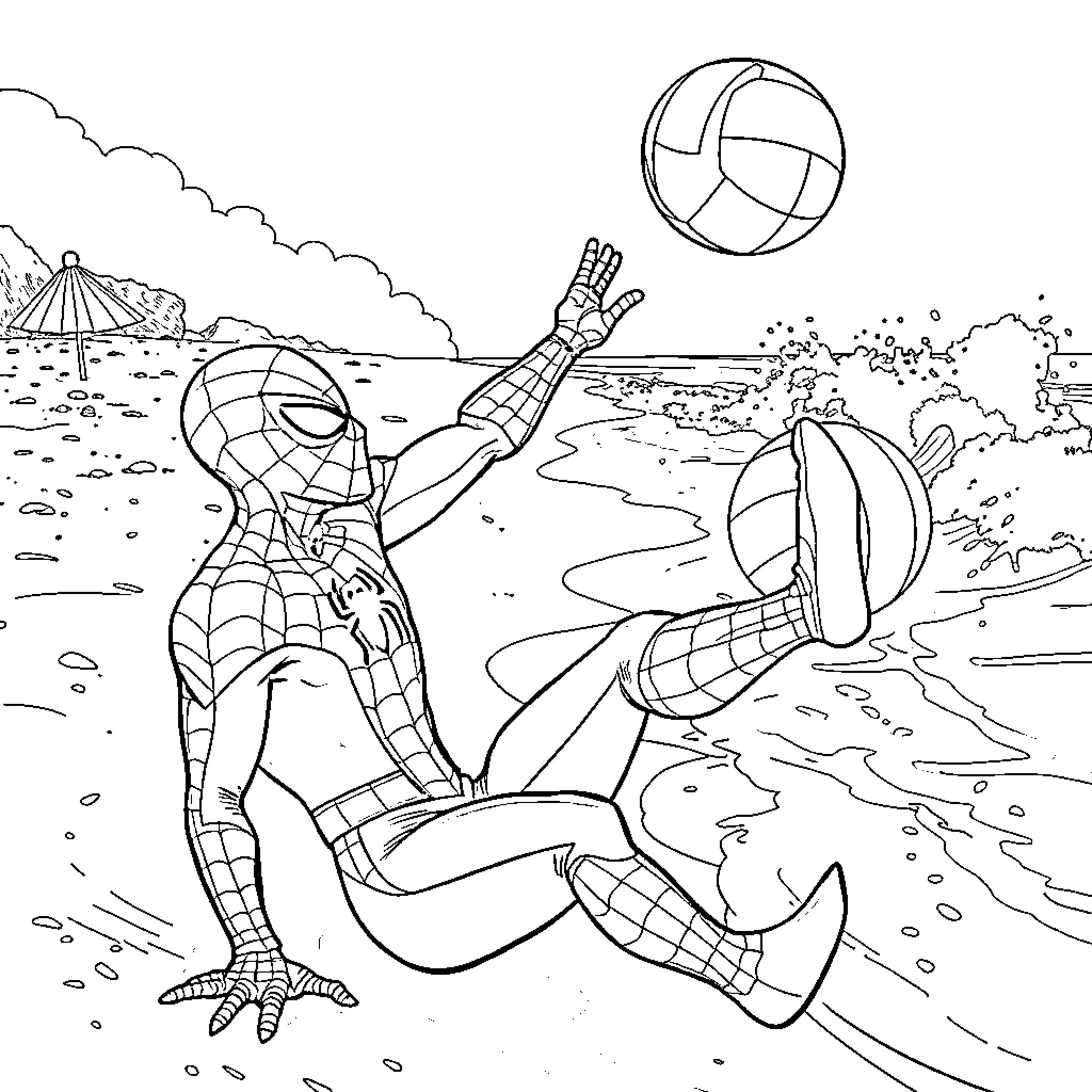 Spiderman playfully swinging and splashing in the ocean Coloring Page (free black-and-white line drawing printable PDF for all, from beginners to advanced learners, including children, teens, adults, and seniors)