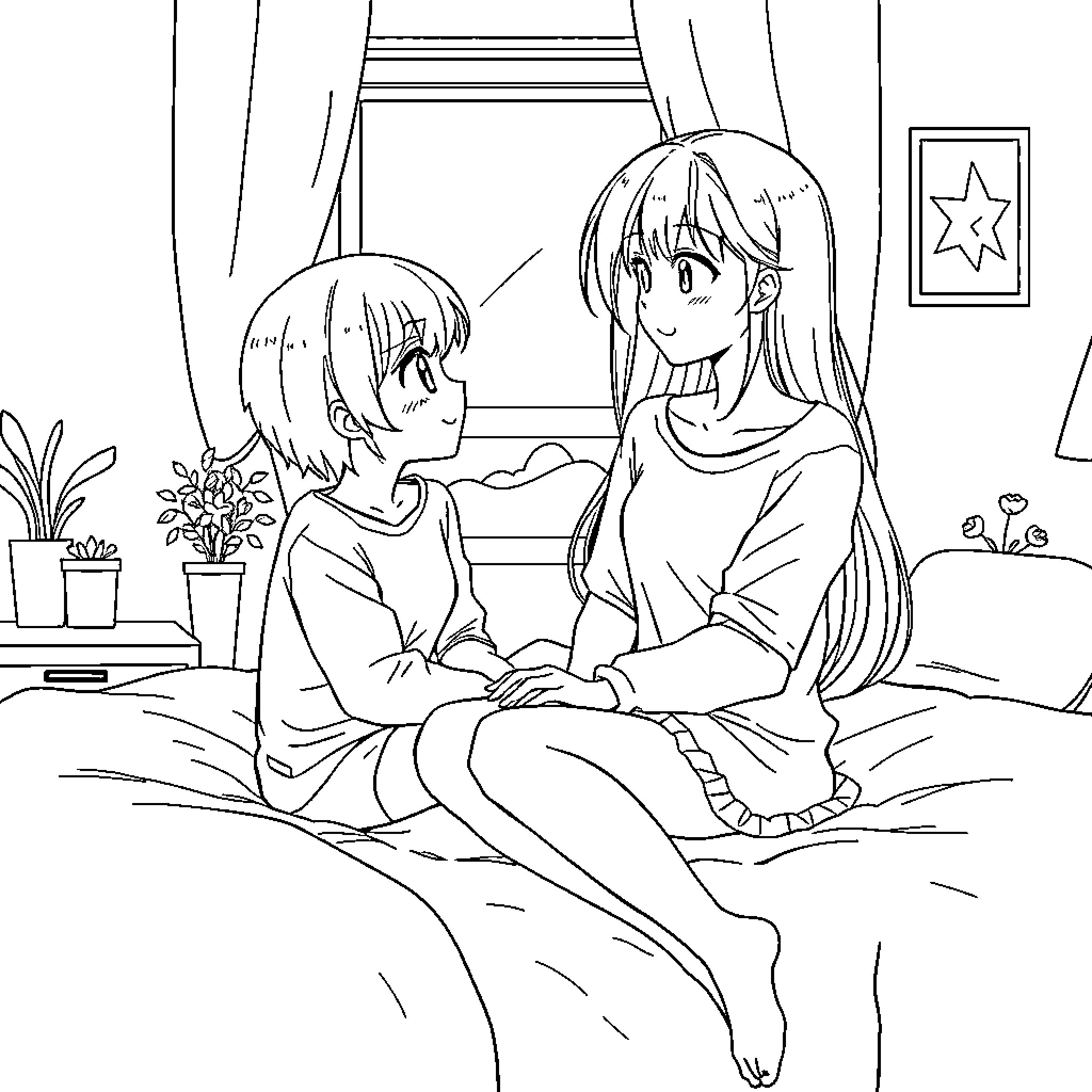 Anime Girls Sharing a Tender Moment Coloring Page (free black-and-white line drawing printable PDF for all, from beginners to advanced learners, including children, teens, adults, and seniors)