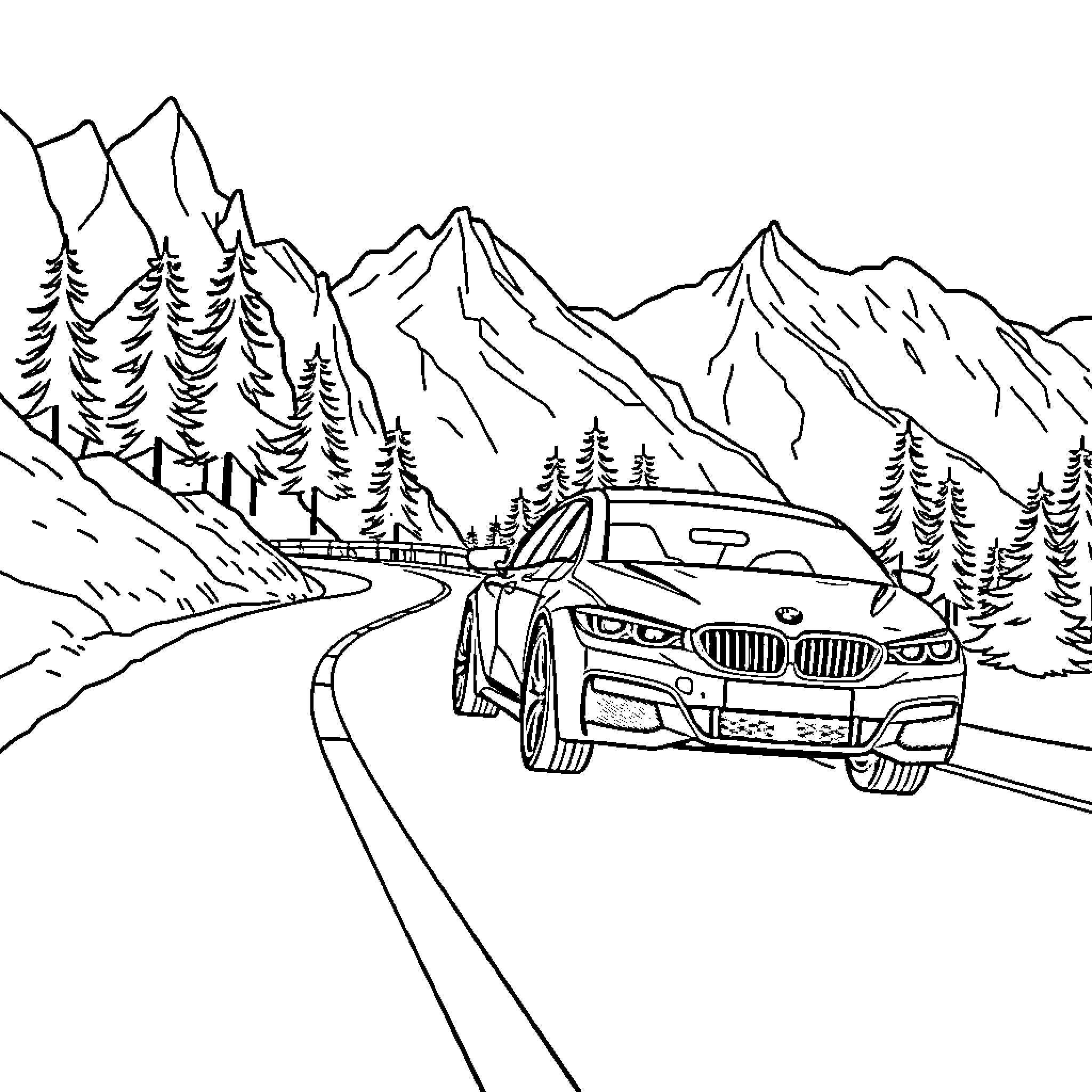 BMW driving through scenic mountain landscape Coloring Page (free black-and-white line drawing printable PDF for all, from beginners to advanced learners, including children, teens, adults, and seniors)