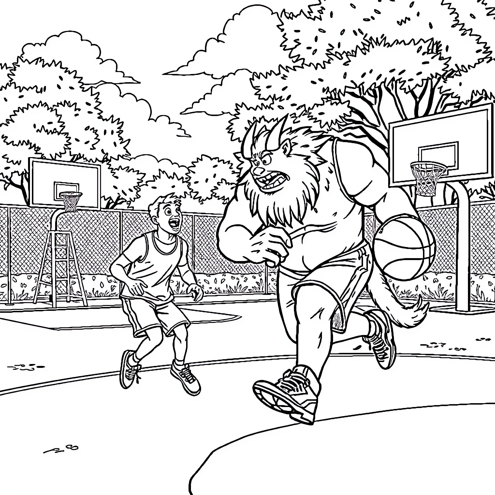 MrBeast playing basketball with a giant monster Coloring Page (free black-and-white line drawing printable PDF for all, from beginners to advanced learners, including children, teens, adults, and seniors)