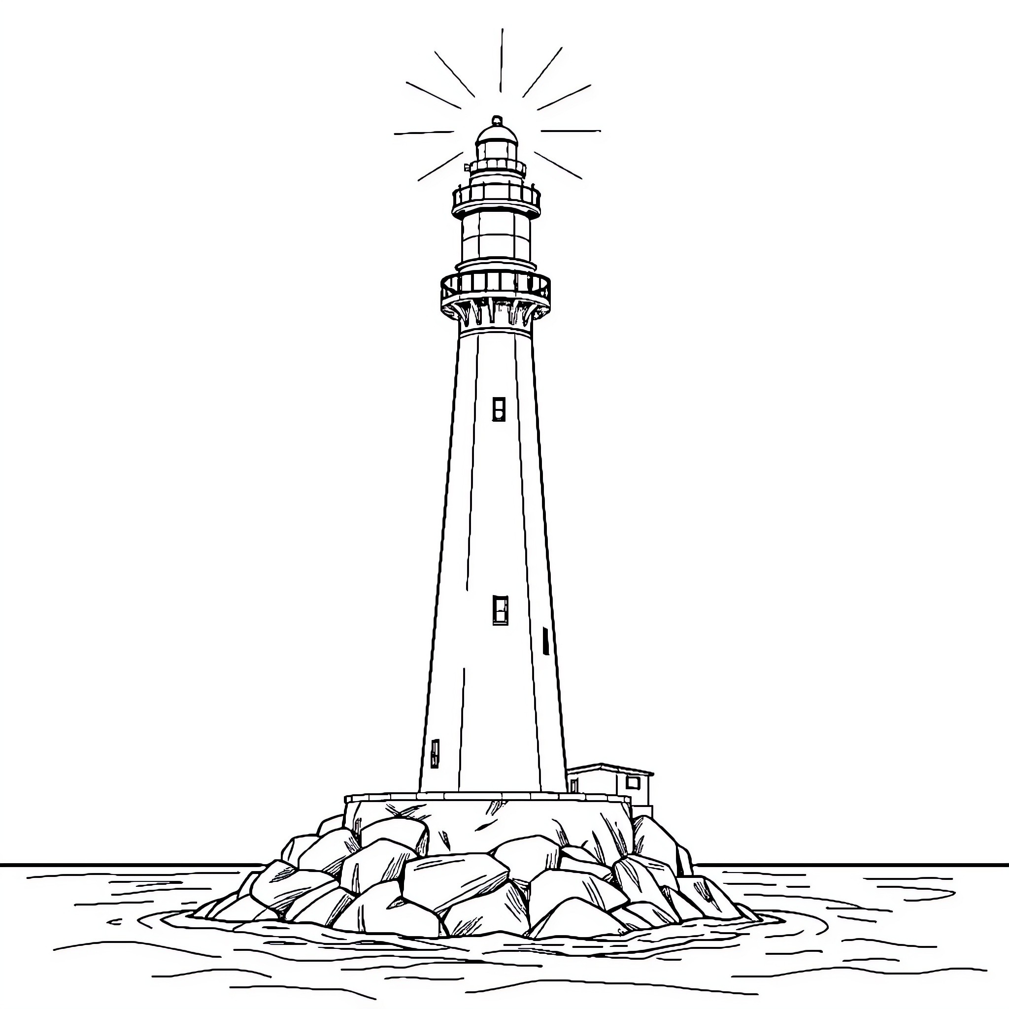 Lighthouse standing tall on rocky island Coloring Page (free black-and-white line drawing printable PDF for all, from beginners to advanced learners, including children, teens, adults, and seniors)