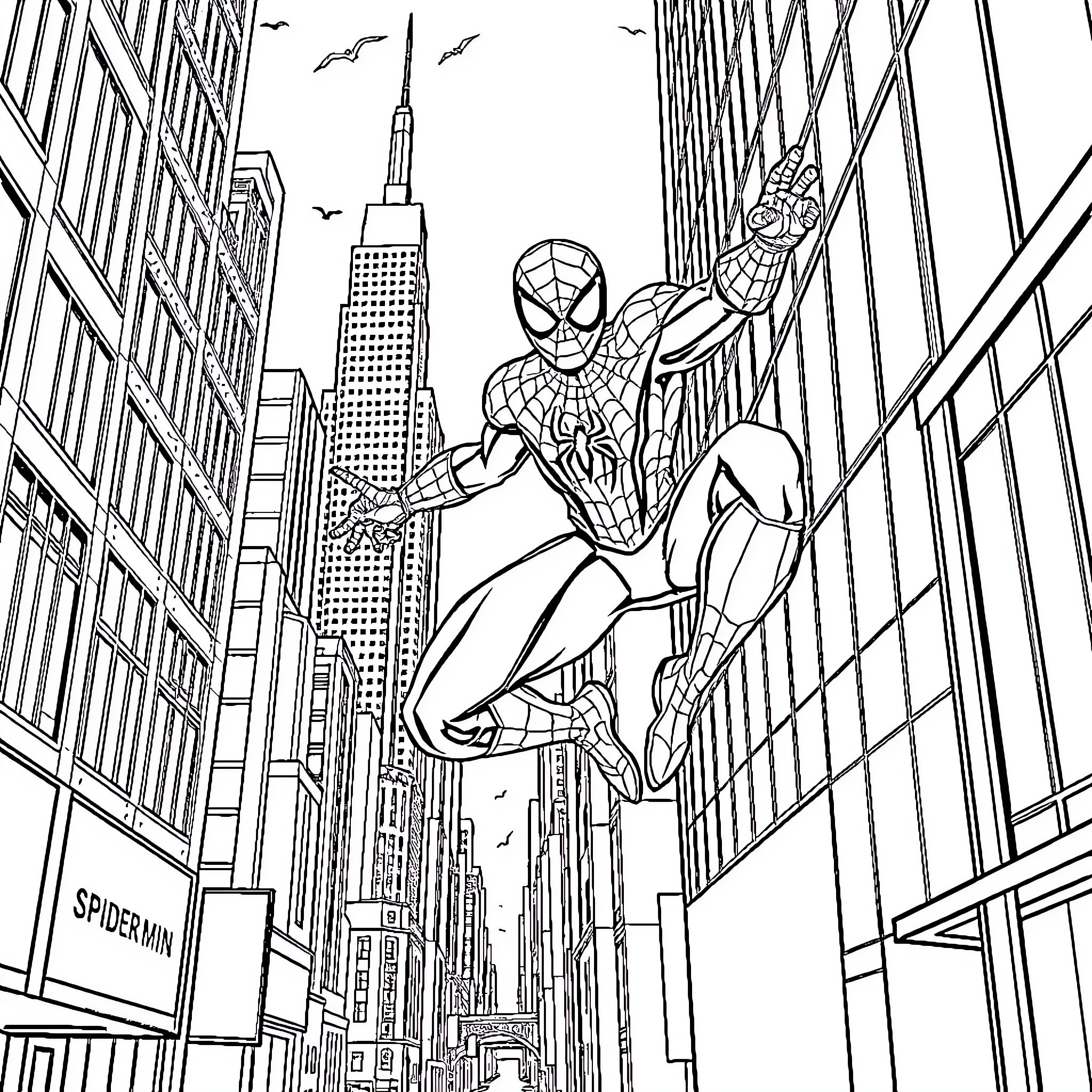 Spiderman swinging through the city skyline Coloring Page (free black-and-white line drawing printable PDF for all, from beginners to advanced learners, including children, teens, adults, and seniors)