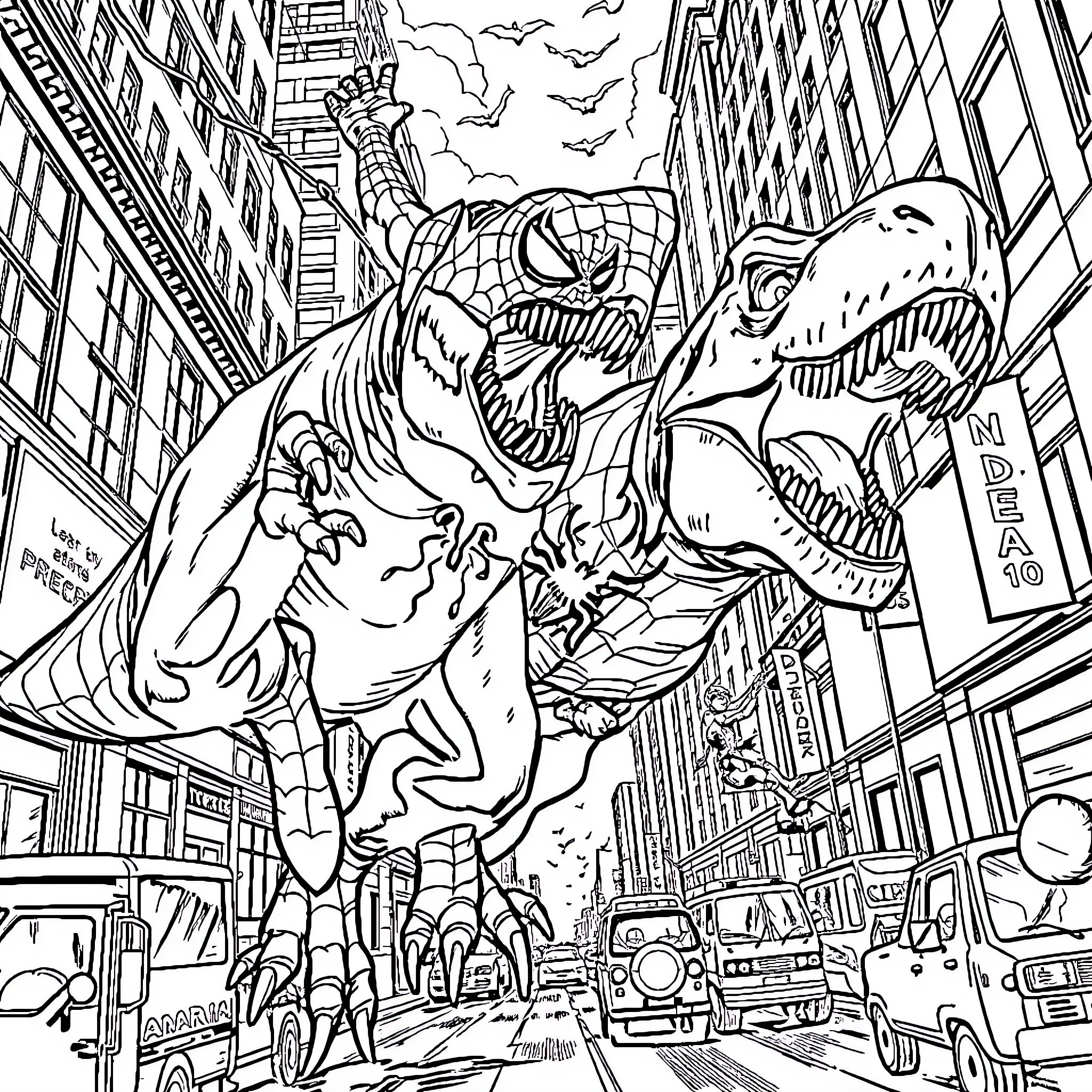 Spiderman battling gigantic dinosaurs in the city Coloring Page (free black-and-white line drawing printable PDF for all, from beginners to advanced learners, including children, teens, adults, and seniors)
