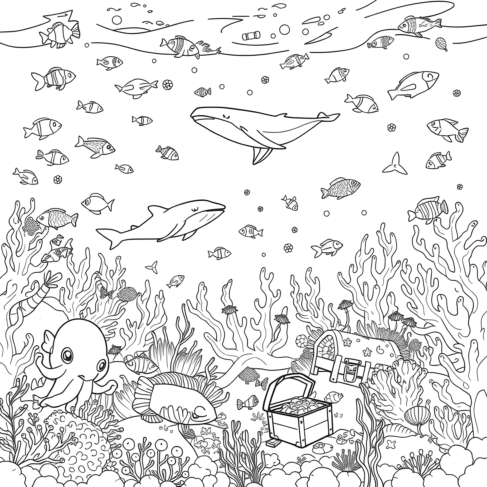 Sea Creature Ocean Exploration with Diverse Marine Life Coloring Page (free black-and-white line drawing printable PDF for all, from beginners to advanced learners, including children, teens, adults, and seniors)