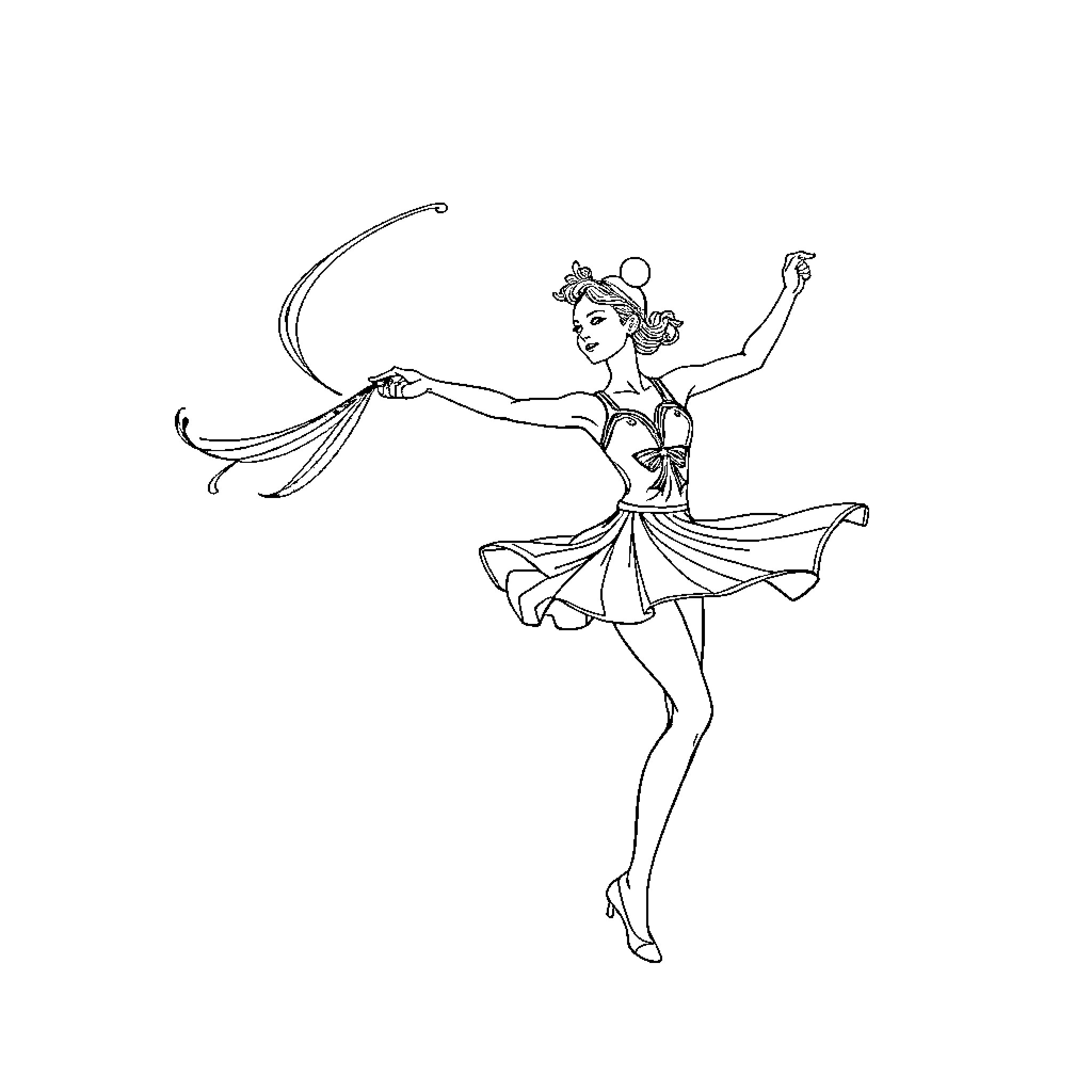 Baton-wielding dancer in graceful performance Coloring Page (free black-and-white line drawing printable PDF for all, from beginners to advanced learners, including children, teens, adults, and seniors)