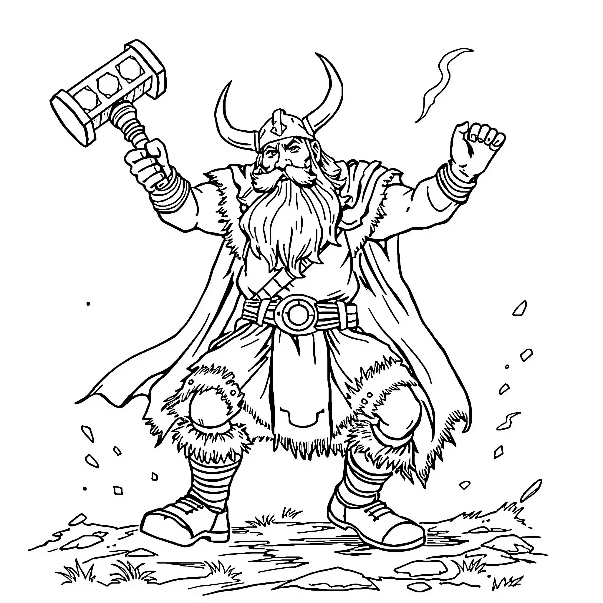Viking warrior wielding mighty hammer in fierce battle Coloring Page (free black-and-white line drawing printable PDF for all, from beginners to advanced learners, including children, teens, adults, and seniors)