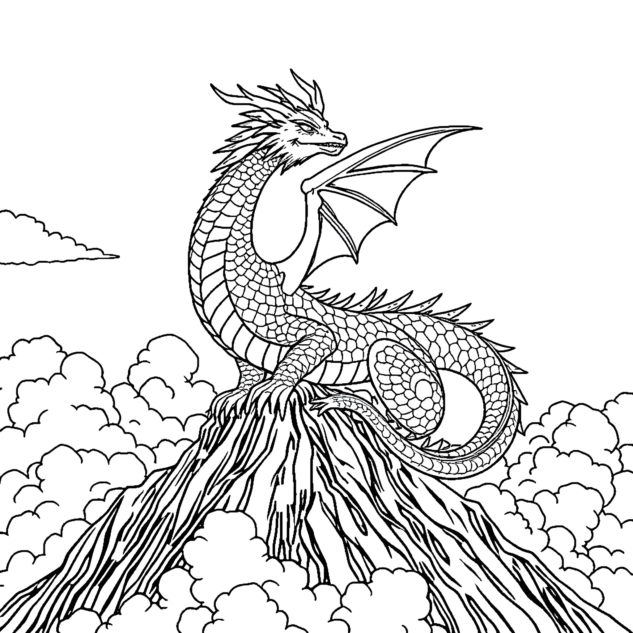 Dragon soaring majestically amidst the clouds Coloring Page (free black-and-white line drawing printable PDF for all, from beginners to advanced learners, including children, teens, adults, and seniors)