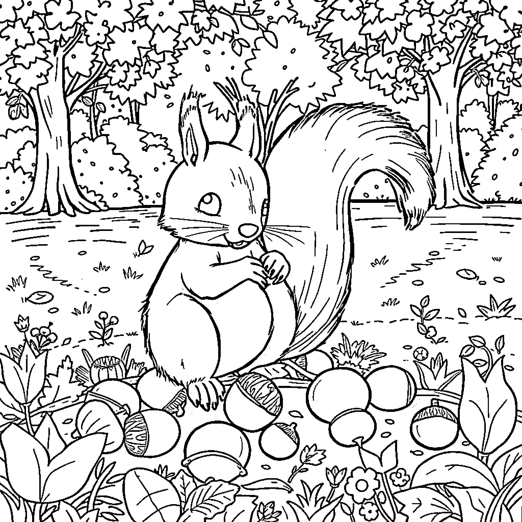 Squirrel gathering acorns in the forest Coloring Page (free black-and-white line drawing printable PDF for all, from beginners to advanced learners, including children, teens, adults, and seniors)