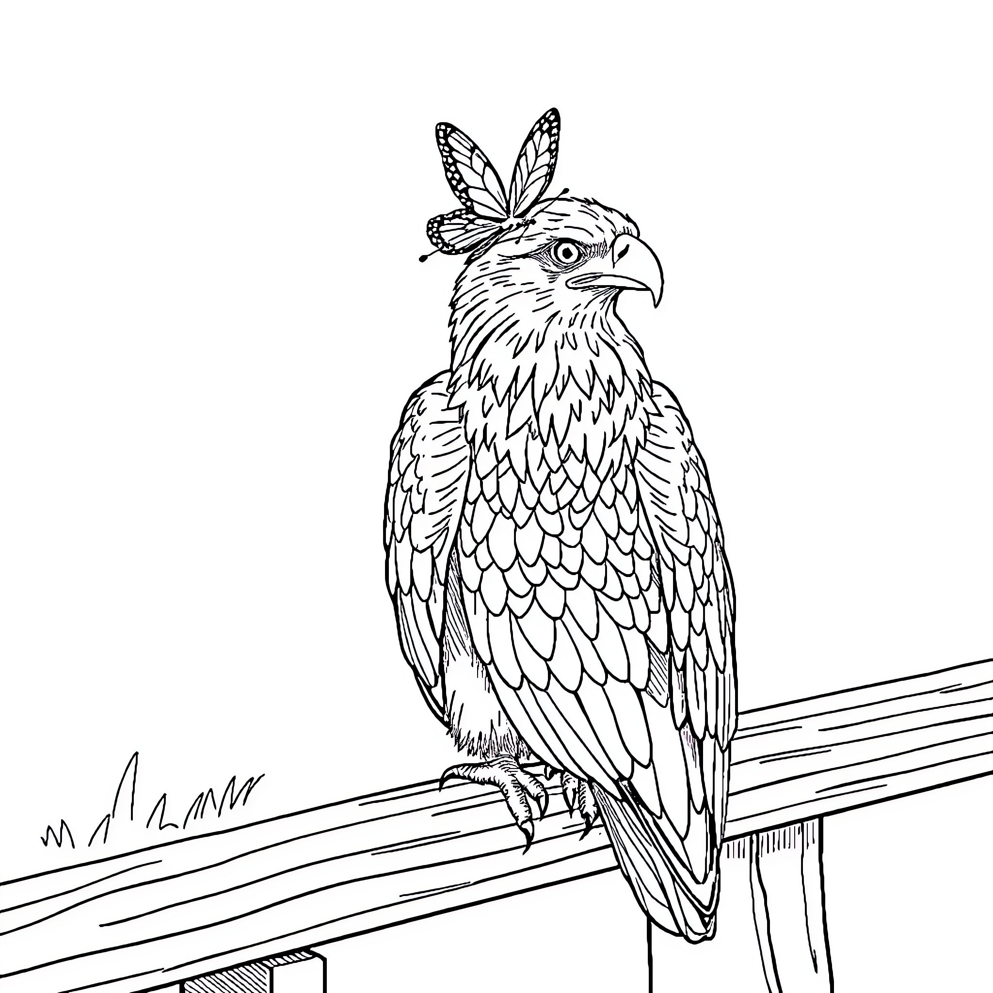 Eagle with Butterfly Headpiece on Wooden Perch Coloring Page (free black-and-white line drawing printable PDF for all, from beginners to advanced learners, including children, teens, adults, and seniors)