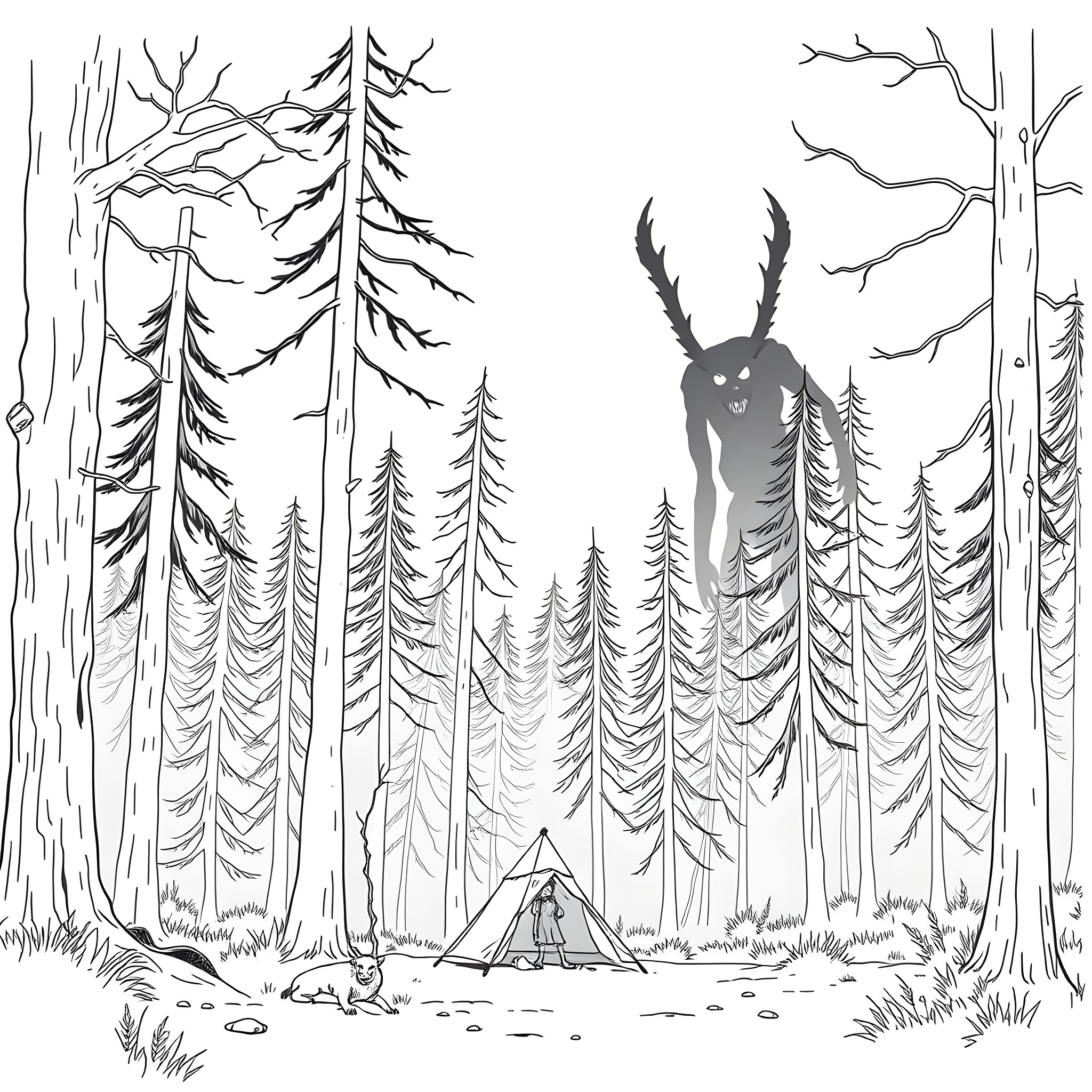 Camper enjoying a peaceful forest retreat Coloring Page (free black-and-white line drawing printable PDF for all, from beginners to advanced learners, including children, teens, adults, and seniors)