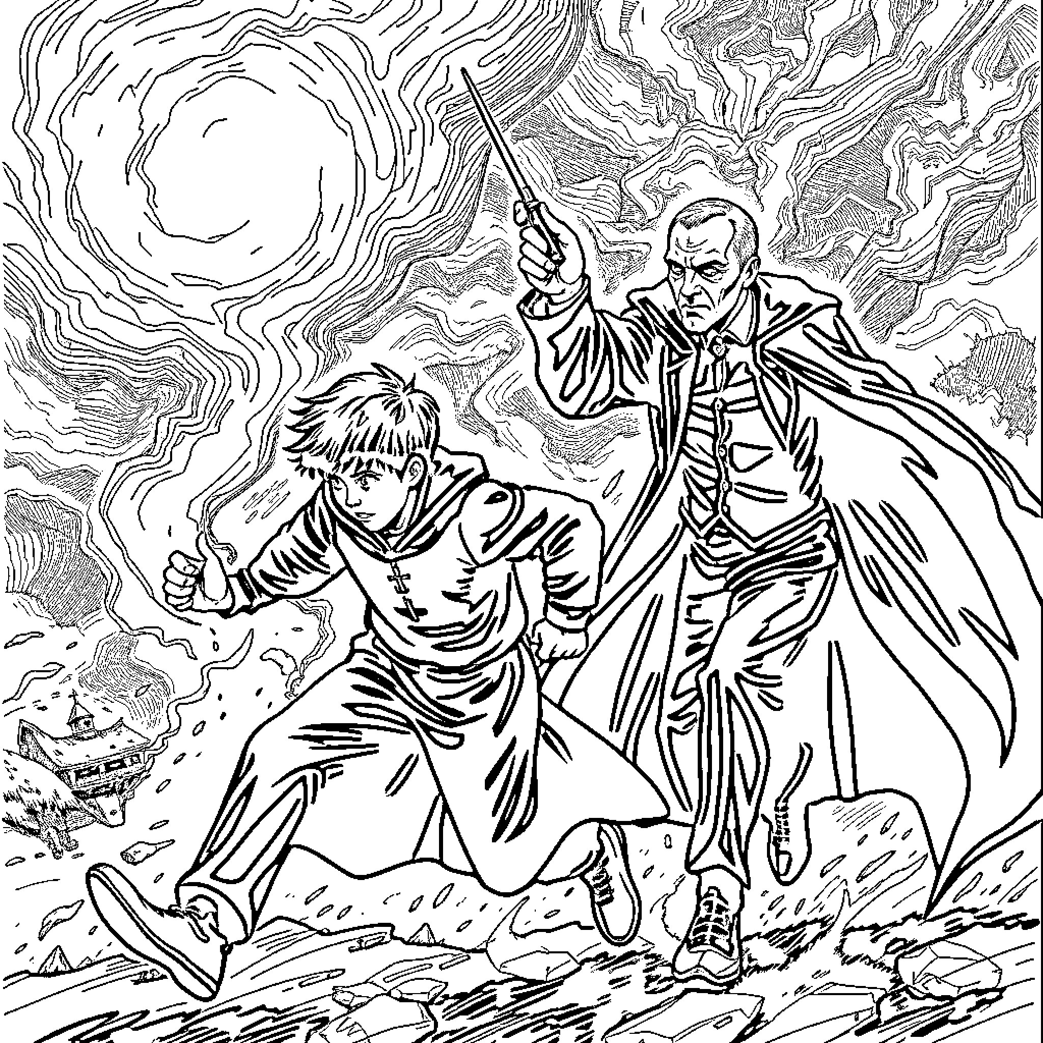 Voldemort's Confrontation with the Protagonist in an Intense Battle Coloring Page (free black-and-white line drawing printable PDF for all, from beginners to advanced learners, including children, teens, adults, and seniors)