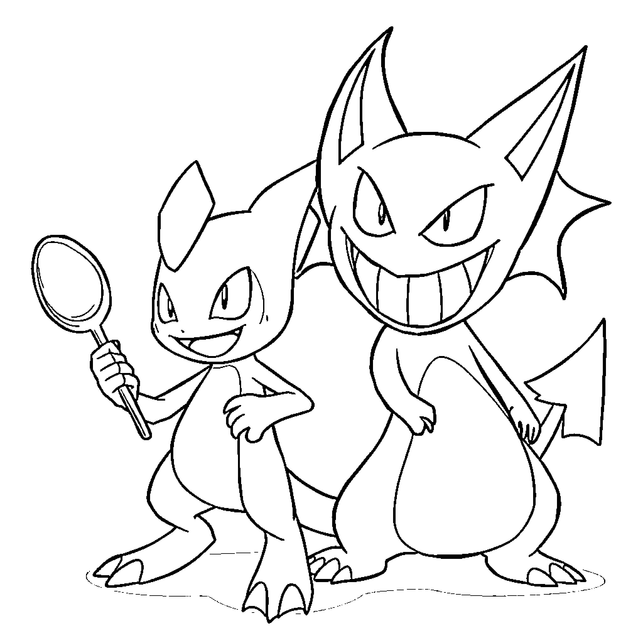 Alakazam and Gengar playing together Coloring Page (free black-and-white line drawing printable PDF for all, from beginners to advanced learners, including children, teens, adults, and seniors)