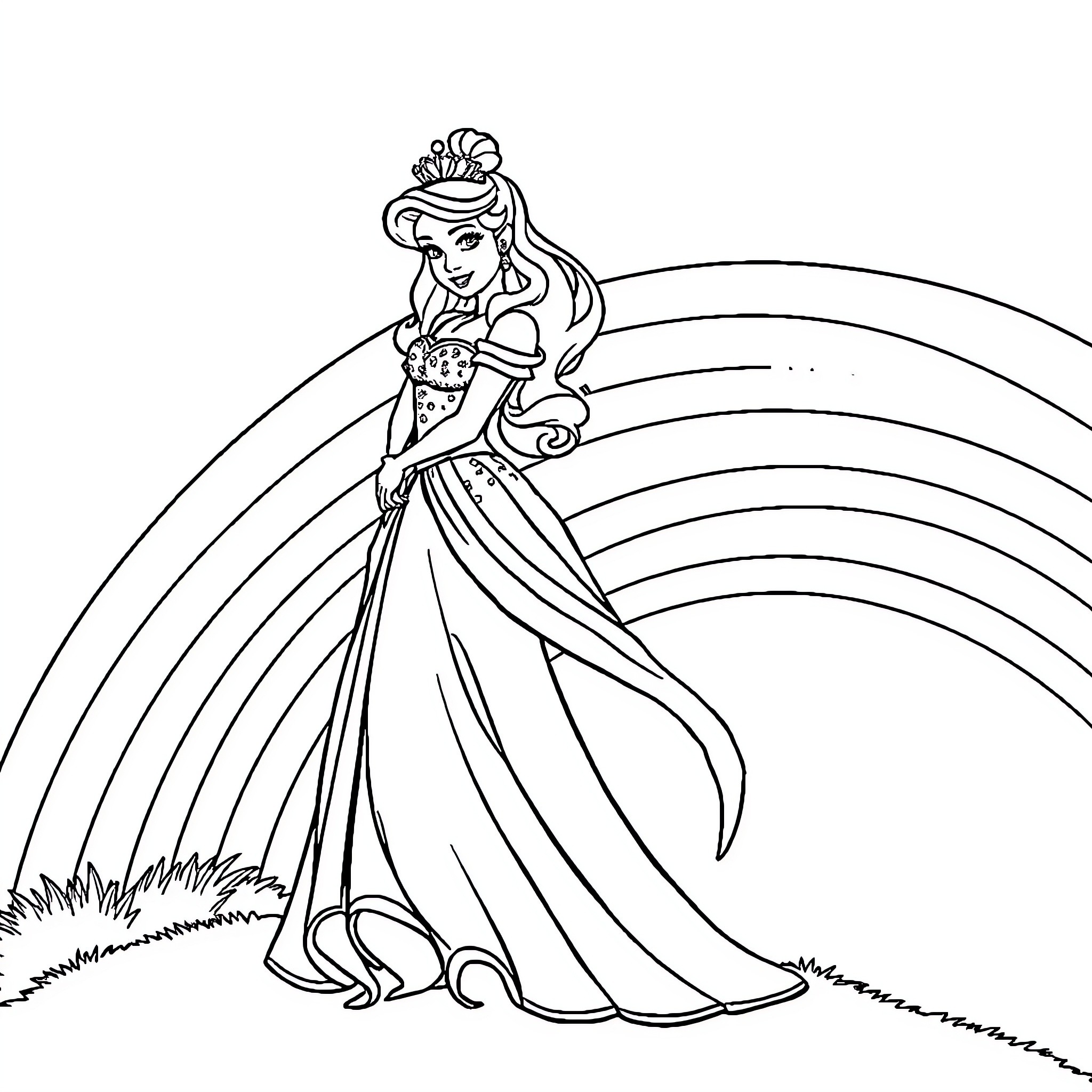 Princess in a Flowing Gown Admiring the Scenery Coloring Page (free black-and-white line drawing printable PDF for all, from beginners to advanced learners, including children, teens, adults, and seniors)