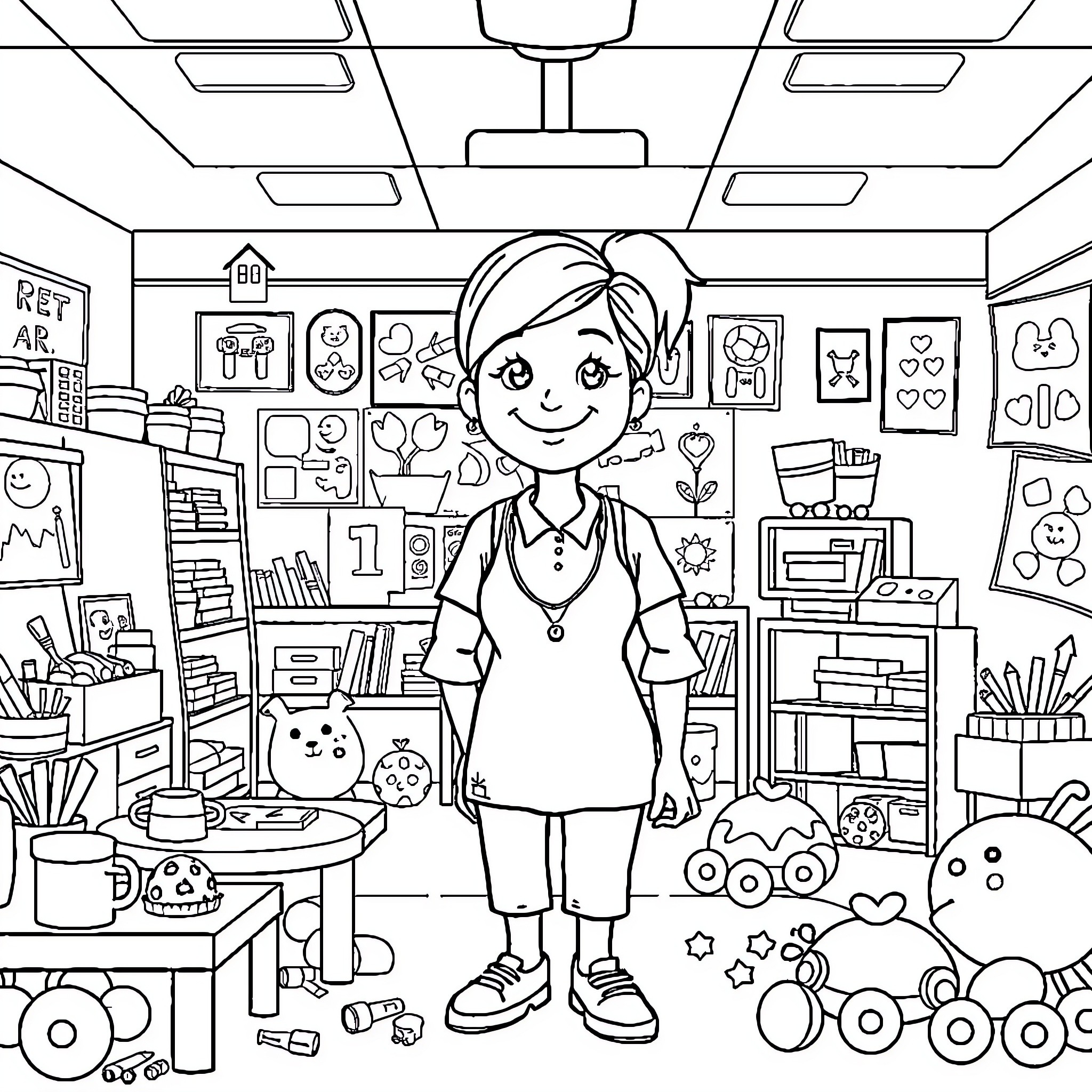 Teacher guiding students in a colorful classroom Coloring Page (free black-and-white line drawing printable PDF for all, from beginners to advanced learners, including children, teens, adults, and seniors)