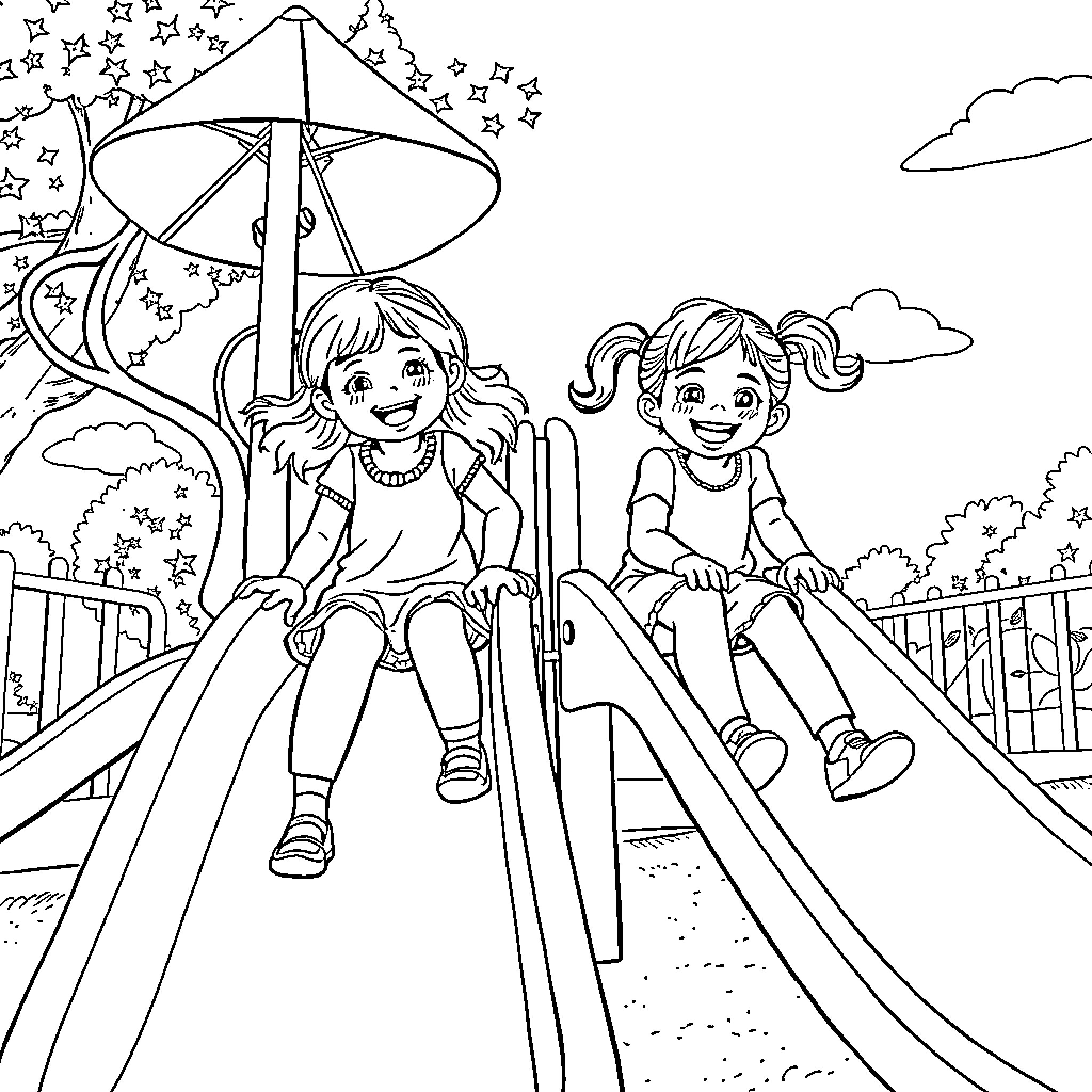 Girls playing happily on the playground Coloring Page (free black-and-white line drawing printable PDF for all, from beginners to advanced learners, including children, teens, adults, and seniors)