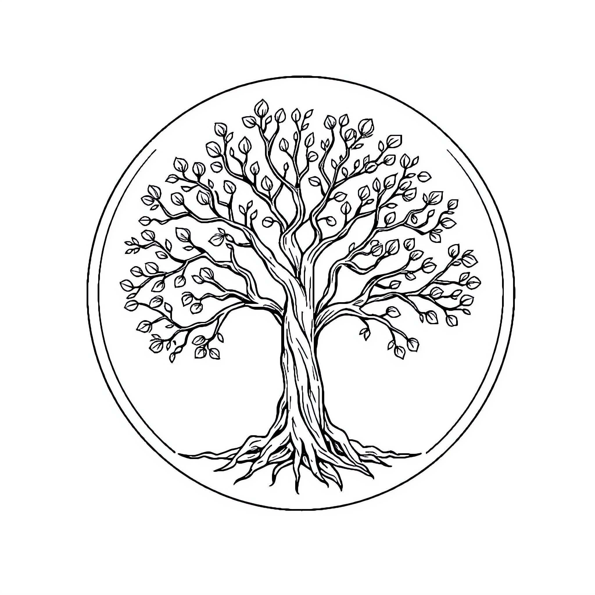 Tree of Life in Circular Frame Coloring Page (free black-and-white line drawing printable PDF for all, from beginners to advanced learners, including children, teens, adults, and seniors)