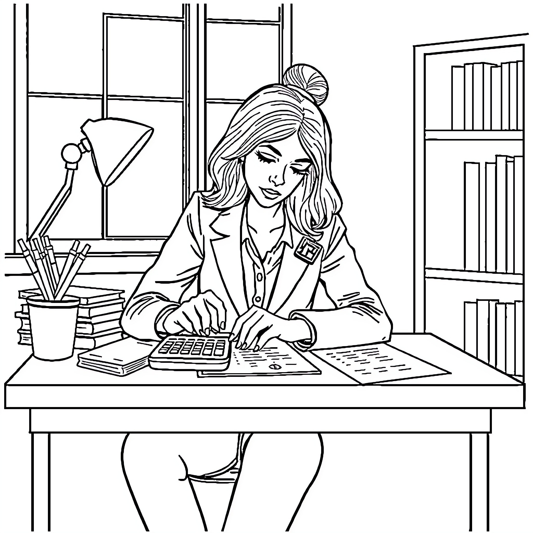 Tax Time Paperwork in Office Coloring Page (free black-and-white line drawing printable PDF for all, from beginners to advanced learners, including children, teens, adults, and seniors)