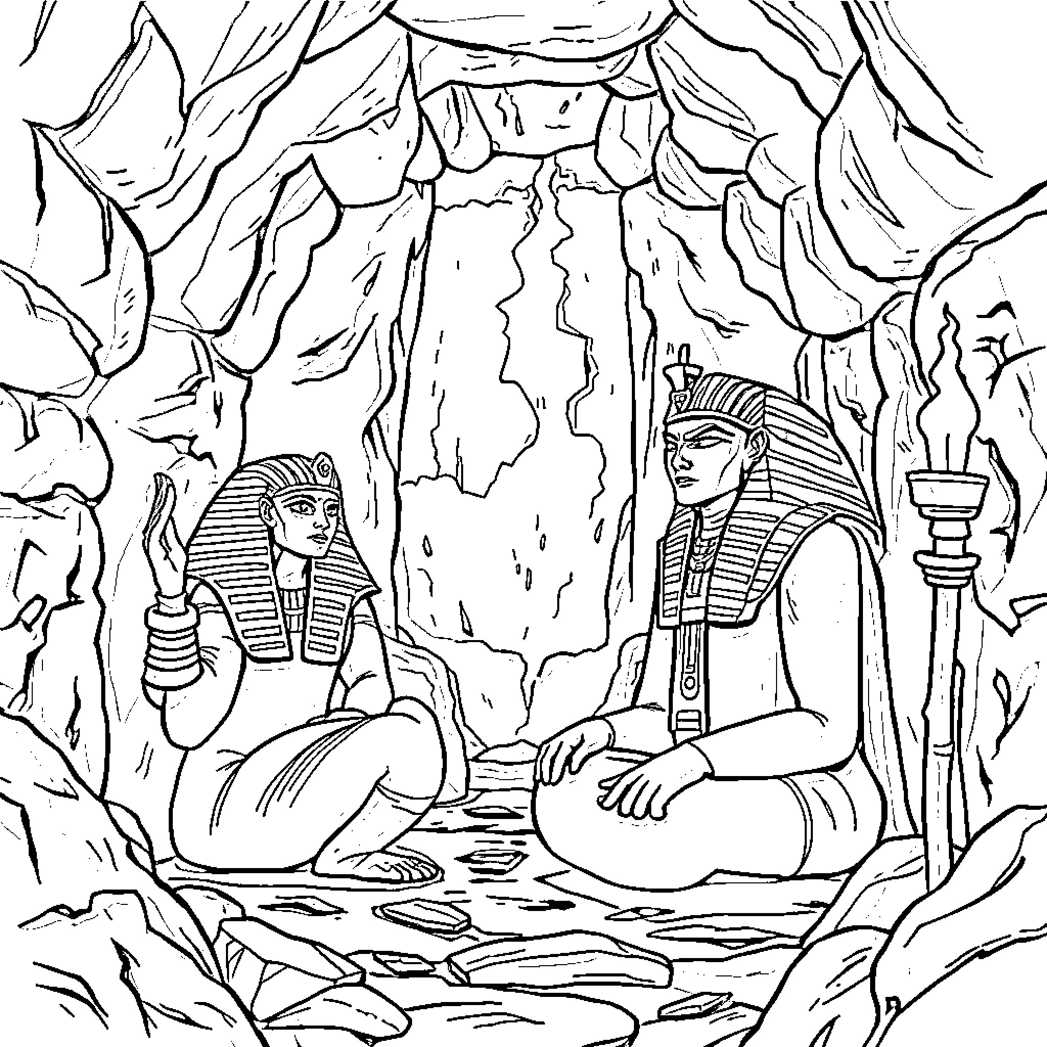 Pharaoh's Throne in the Cave Coloring Page (free black-and-white line drawing printable PDF for all, from beginners to advanced learners, including children, teens, adults, and seniors)