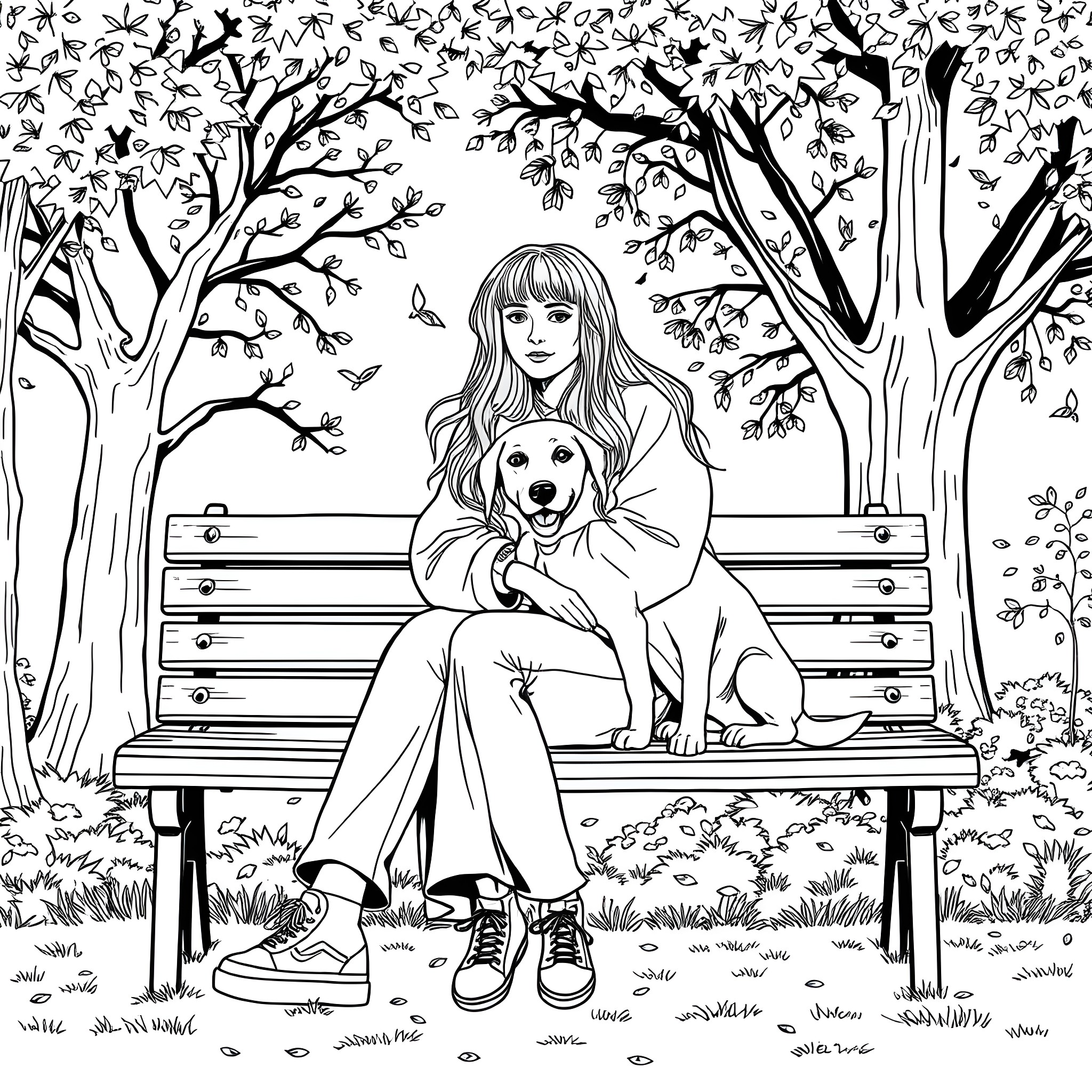 Billie Eilish sitting with her dog on a park bench Coloring Page (free black-and-white line drawing printable PDF for all, from beginners to advanced learners, including children, teens, adults, and seniors)