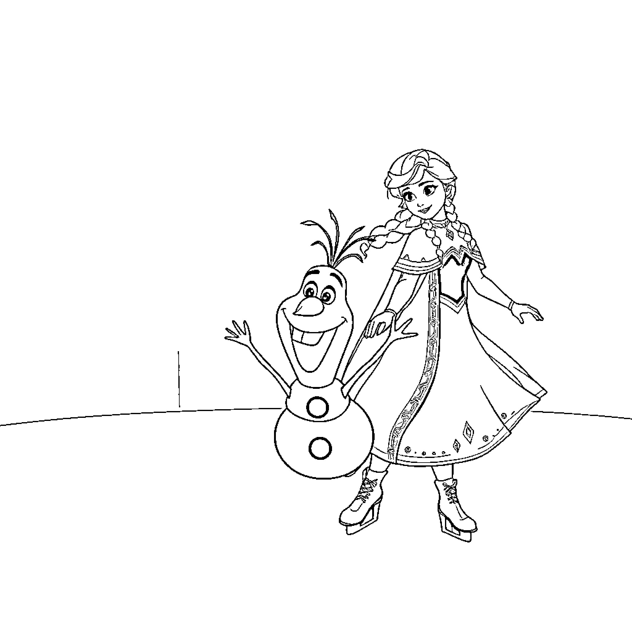 Frozen Character Enjoying Winter Landscape with Snowman Coloring Page (free black-and-white line drawing printable PDF for all, from beginners to advanced learners, including children, teens, adults, and seniors)