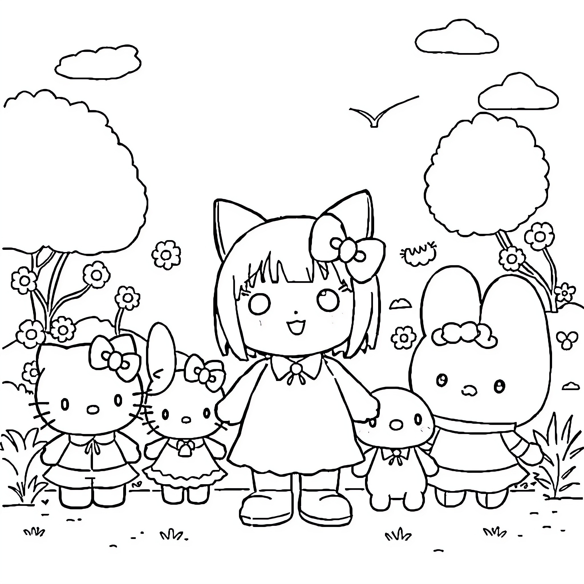 Kuromi and friends in a whimsical outdoor scene Coloring Page (free black-and-white line drawing printable PDF for all, from beginners to advanced learners, including children, teens, adults, and seniors)