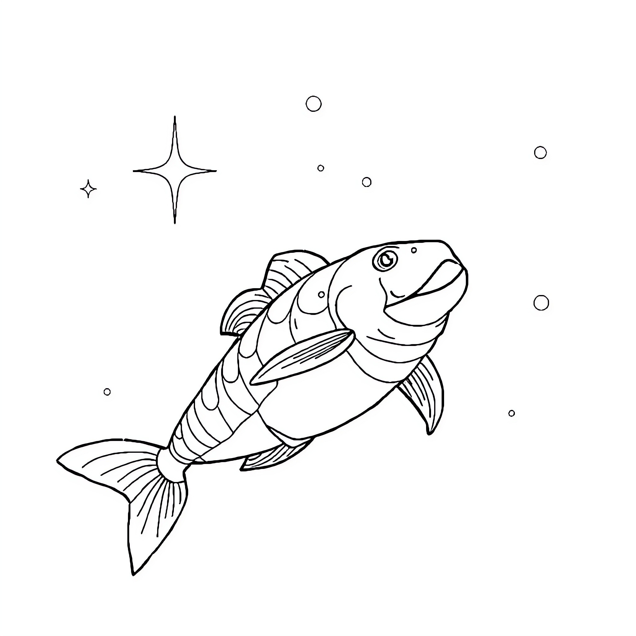 Space Marine Fish Swimming in the Cosmic Ocean Coloring Page (free black-and-white line drawing printable PDF for all, from beginners to advanced learners, including children, teens, adults, and seniors)
