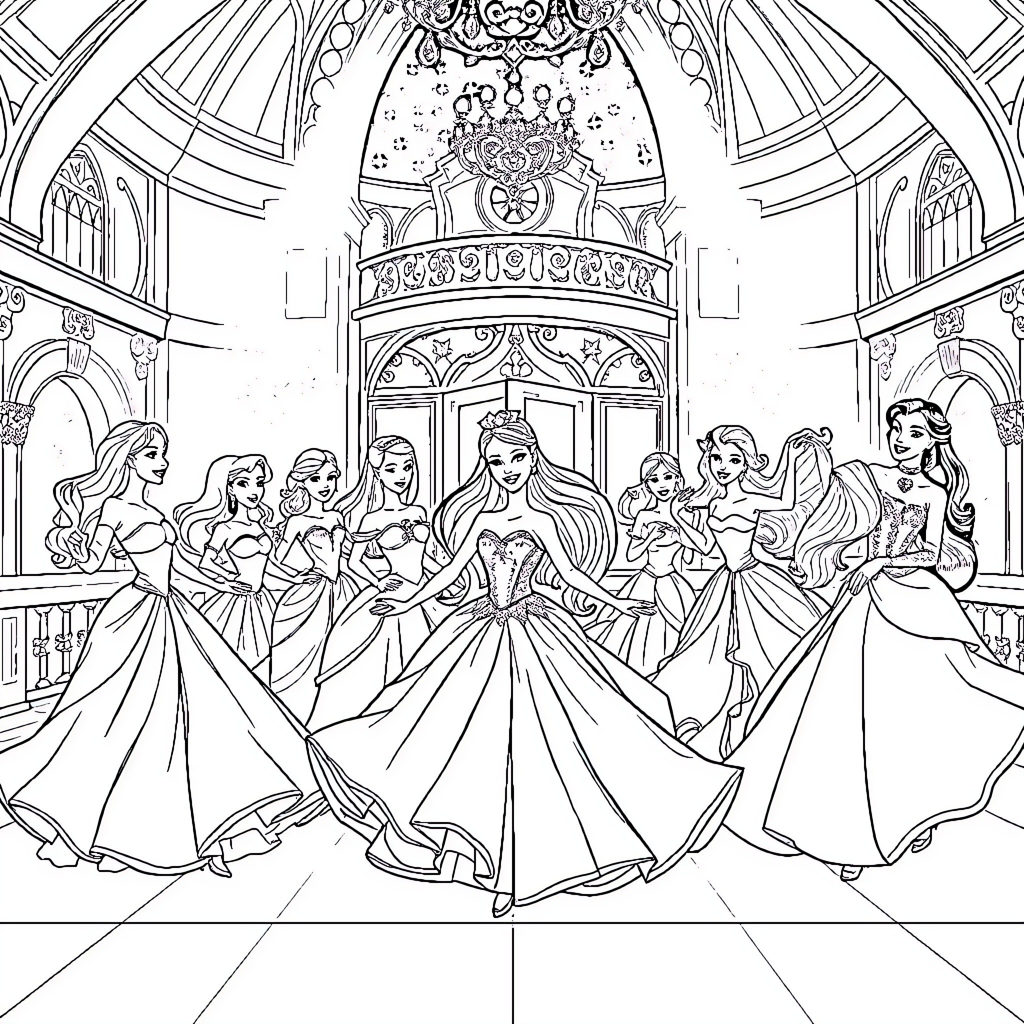 Barbie Dolls in Elegant Ball Gowns Coloring Page (free black-and-white line drawing printable PDF for all, from beginners to advanced learners, including children, teens, adults, and seniors)