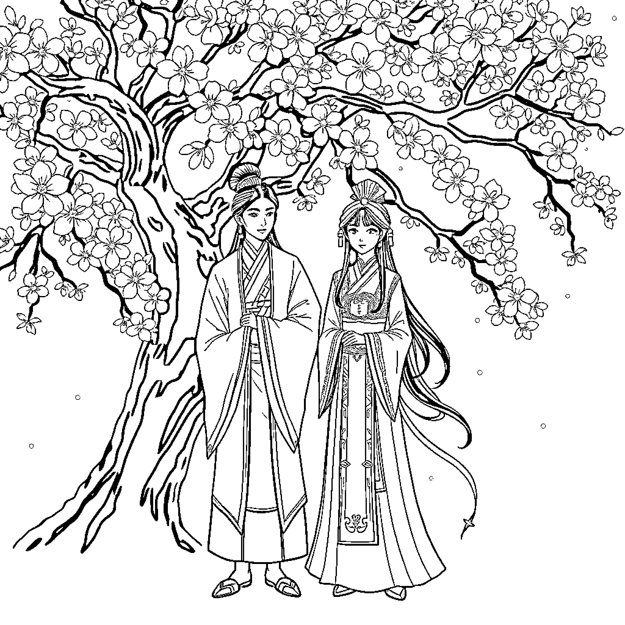 Xie Lian and His Companion Enjoying the Floral Scenery Coloring Page (free black-and-white line drawing printable PDF for all, from beginners to advanced learners, including children, teens, adults, and seniors)