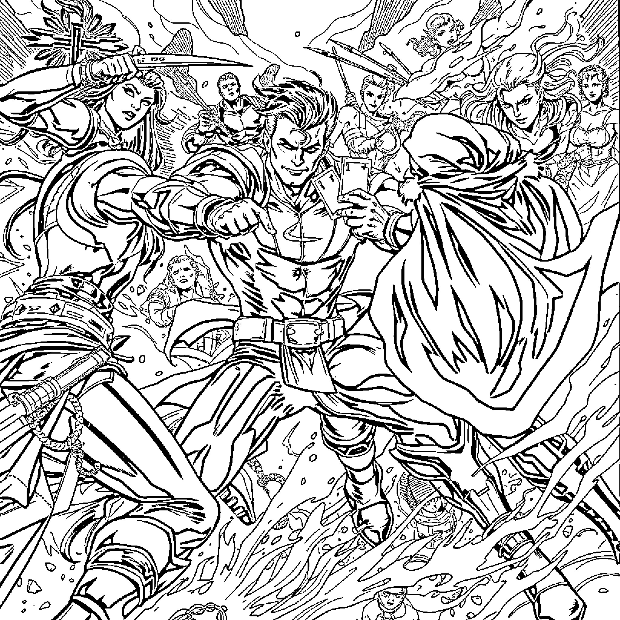 Gambit: Heroic Clash of Superheroes Coloring Page (free black-and-white line drawing printable PDF for all, from beginners to advanced learners, including children, teens, adults, and seniors)