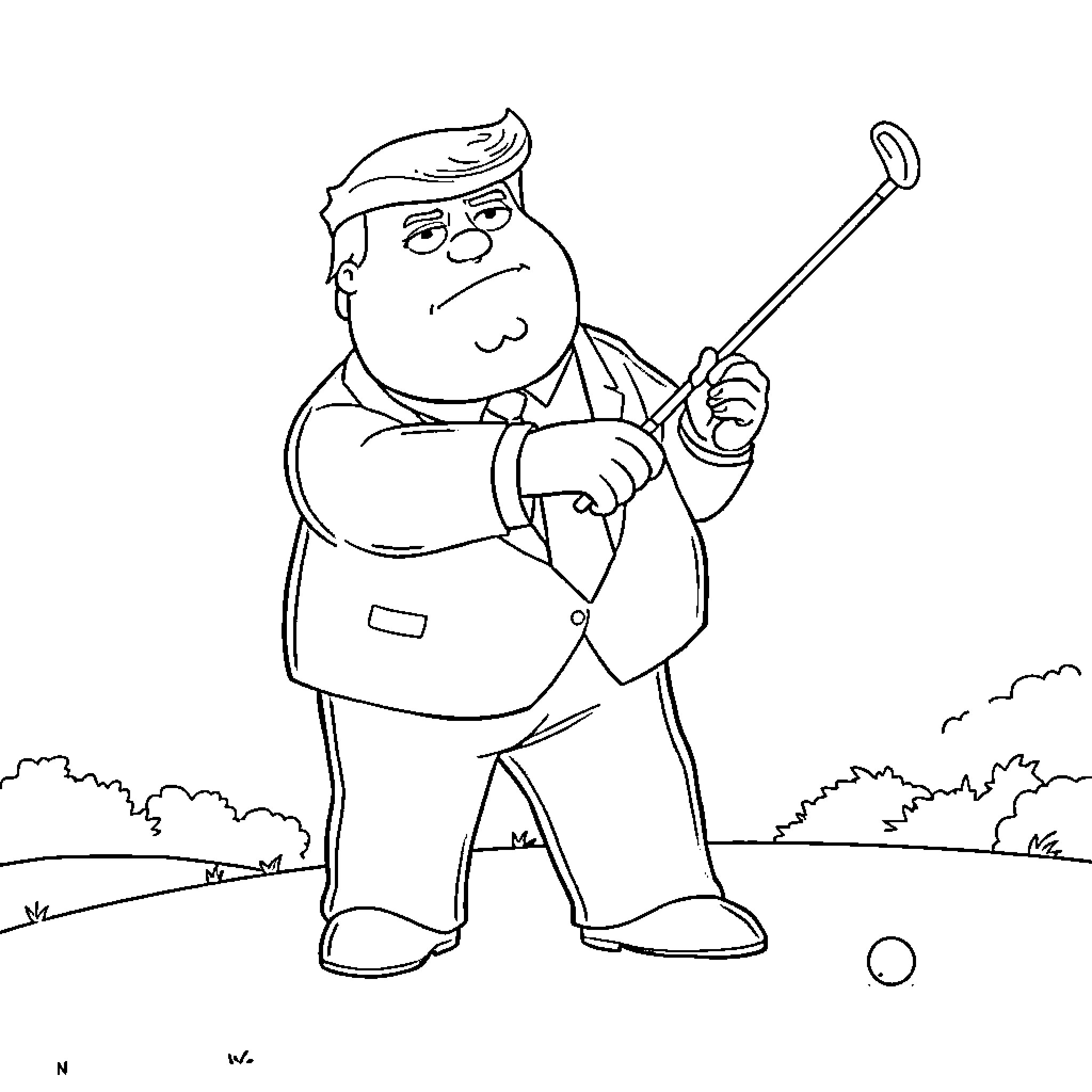 Peter Griffin golfing outdoors with a serious expression Coloring Page (free black-and-white line drawing printable PDF for all, from beginners to advanced learners, including children, teens, adults, and seniors)