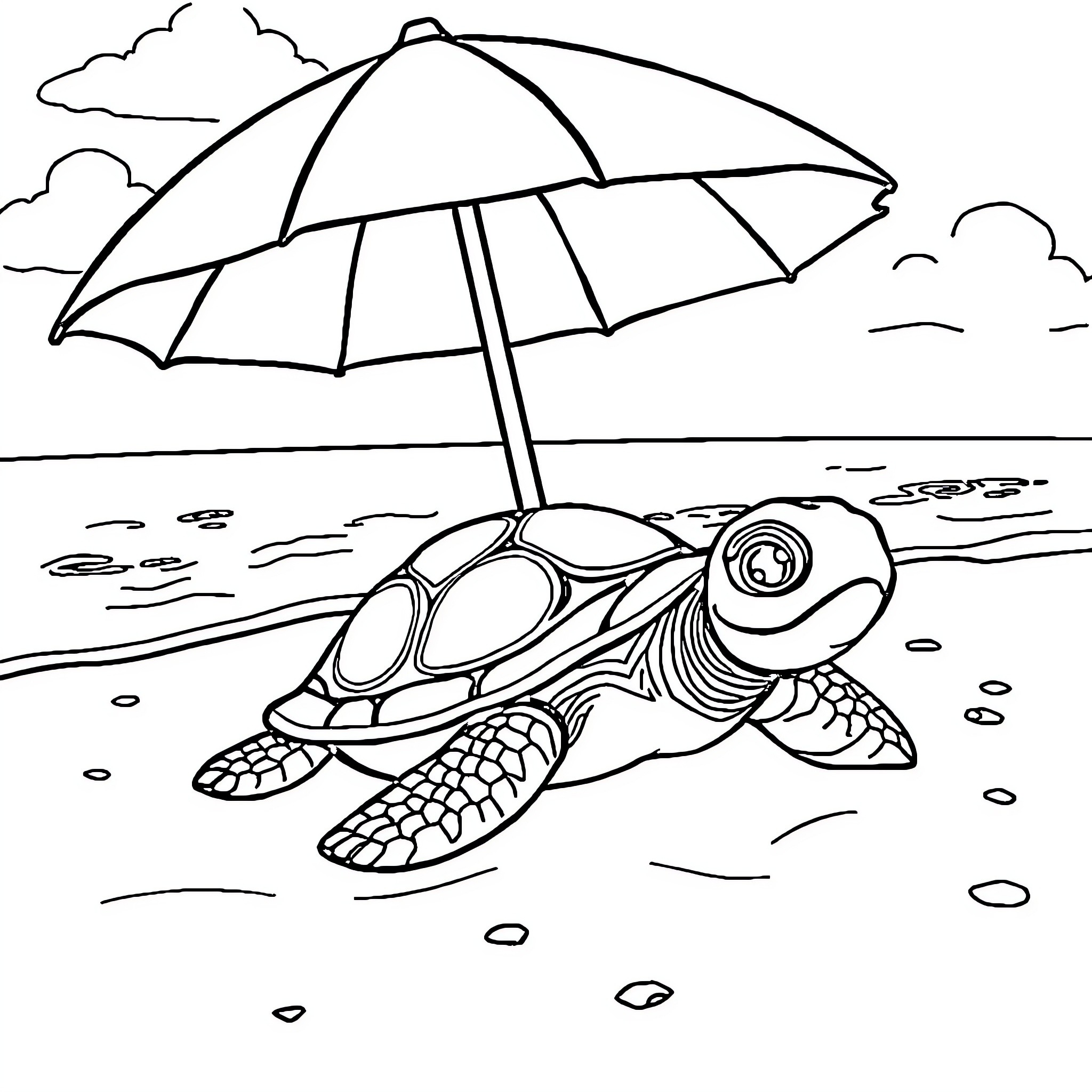 Turtle relaxing under umbrella on beach Coloring Page (free black-and-white line drawing printable PDF for all, from beginners to advanced learners, including children, teens, adults, and seniors)