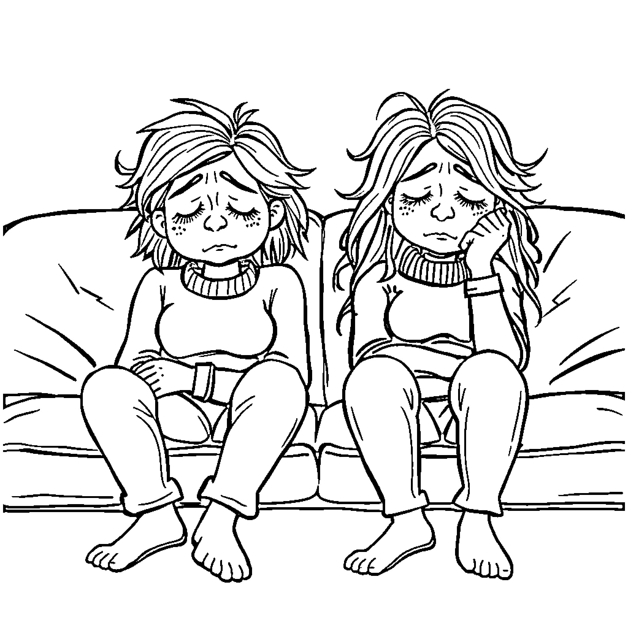 Mom and daughter sharing a quiet moment Coloring Page (free black-and-white line drawing printable PDF for all, from beginners to advanced learners, including children, teens, adults, and seniors)