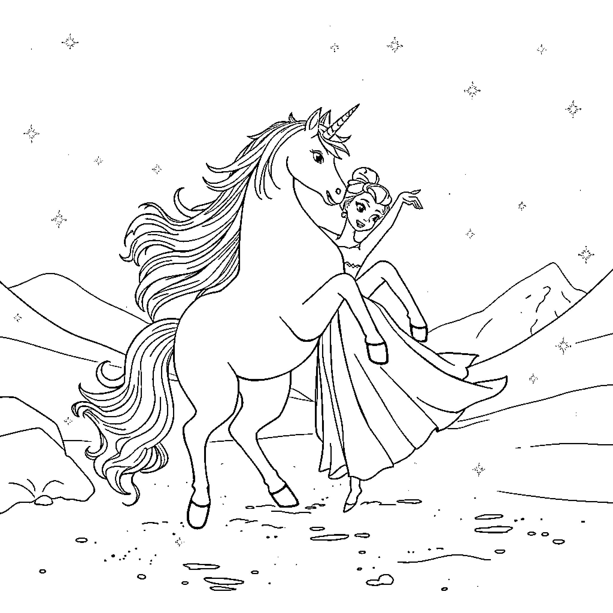 Unicorn and the girl exploring the enchanted landscape Coloring Page (free black-and-white line drawing printable PDF for all, from beginners to advanced learners, including children, teens, adults, and seniors)