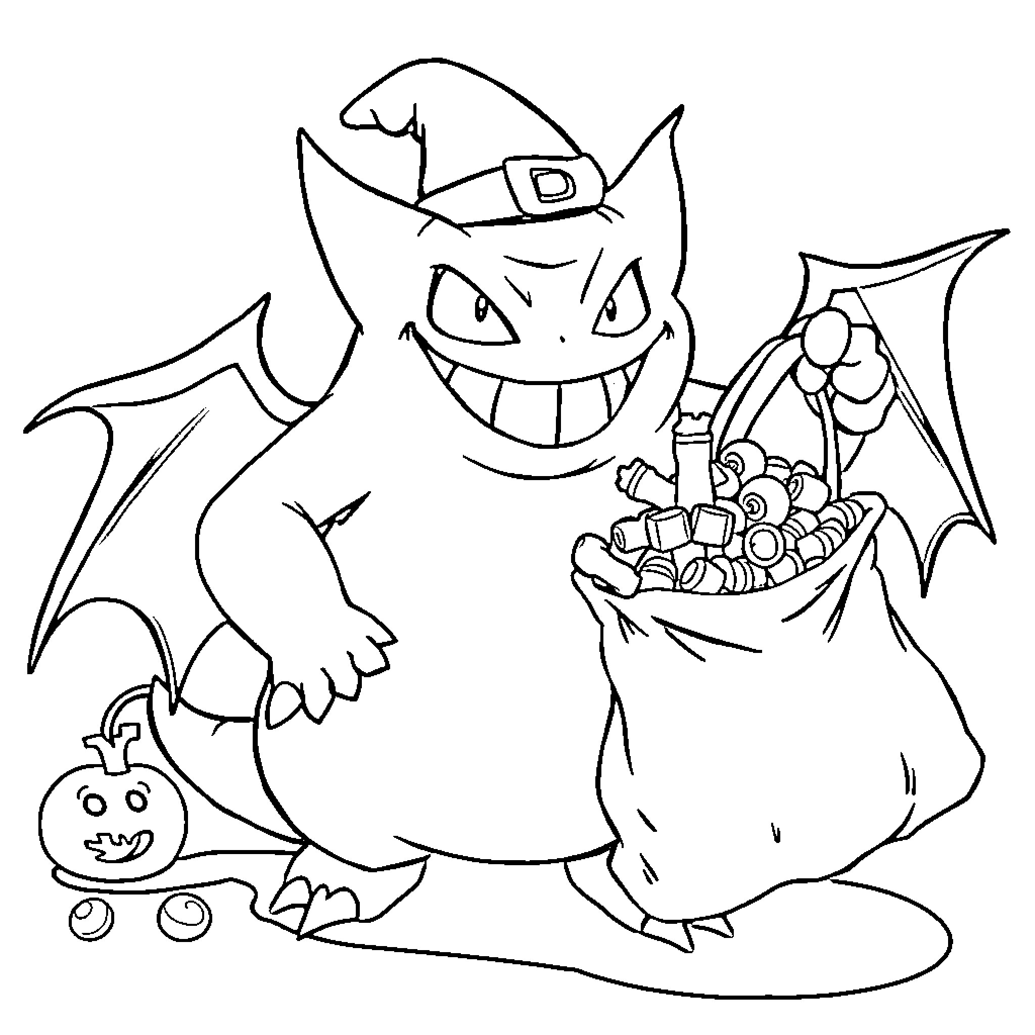 Gengar collecting Halloween treats in a bag Coloring Page (free black-and-white line drawing printable PDF for all, from beginners to advanced learners, including children, teens, adults, and seniors)